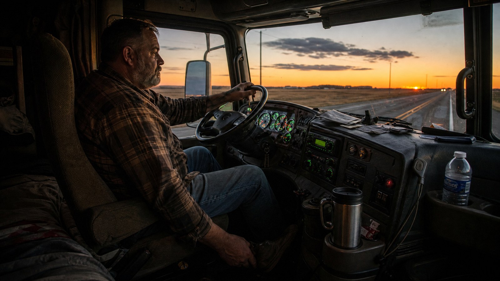 Interior of a semi truck cab at dusk, a driver in his fifties with one hand on the wheel reaching down to flex his ankle, highway and orange horizon through the windshield
