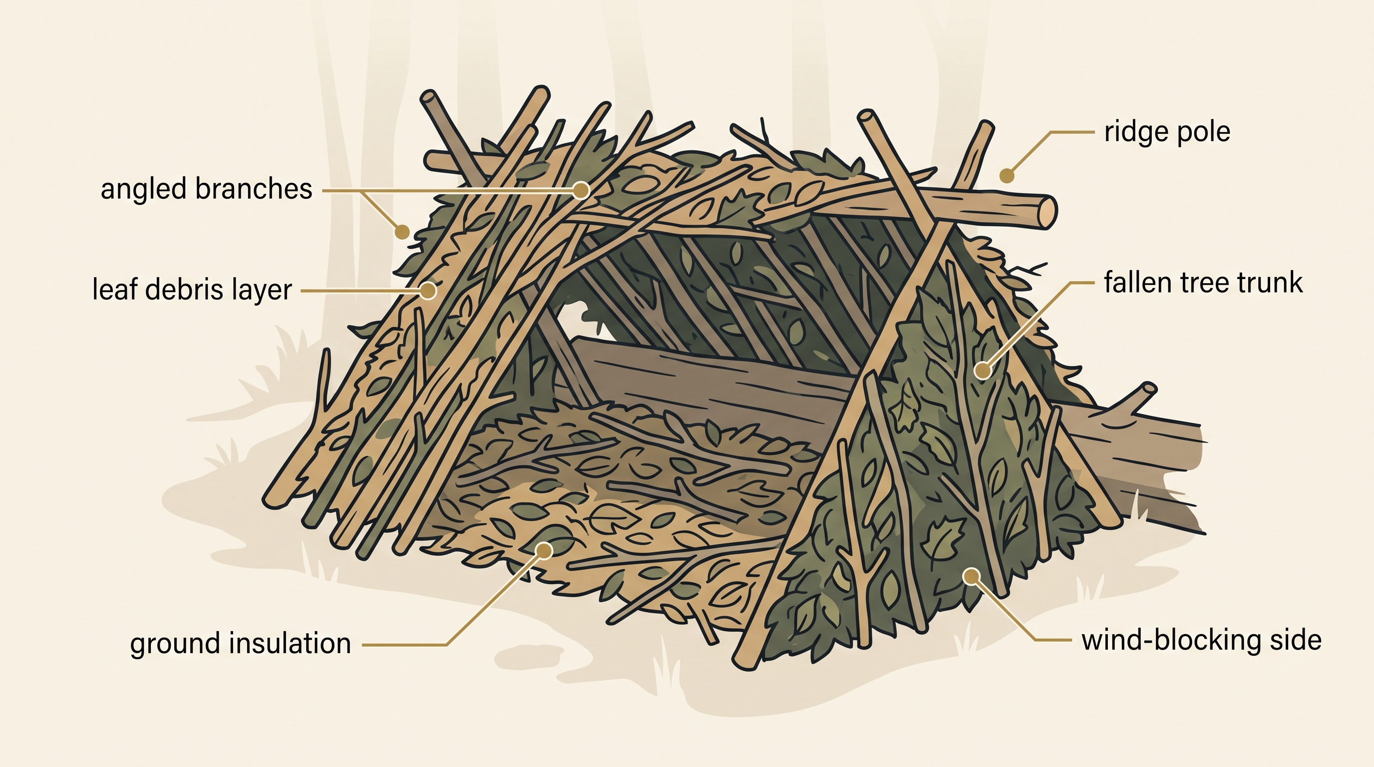 Illustrated diagram of a basic lean-to shelter built against a fallen tree
