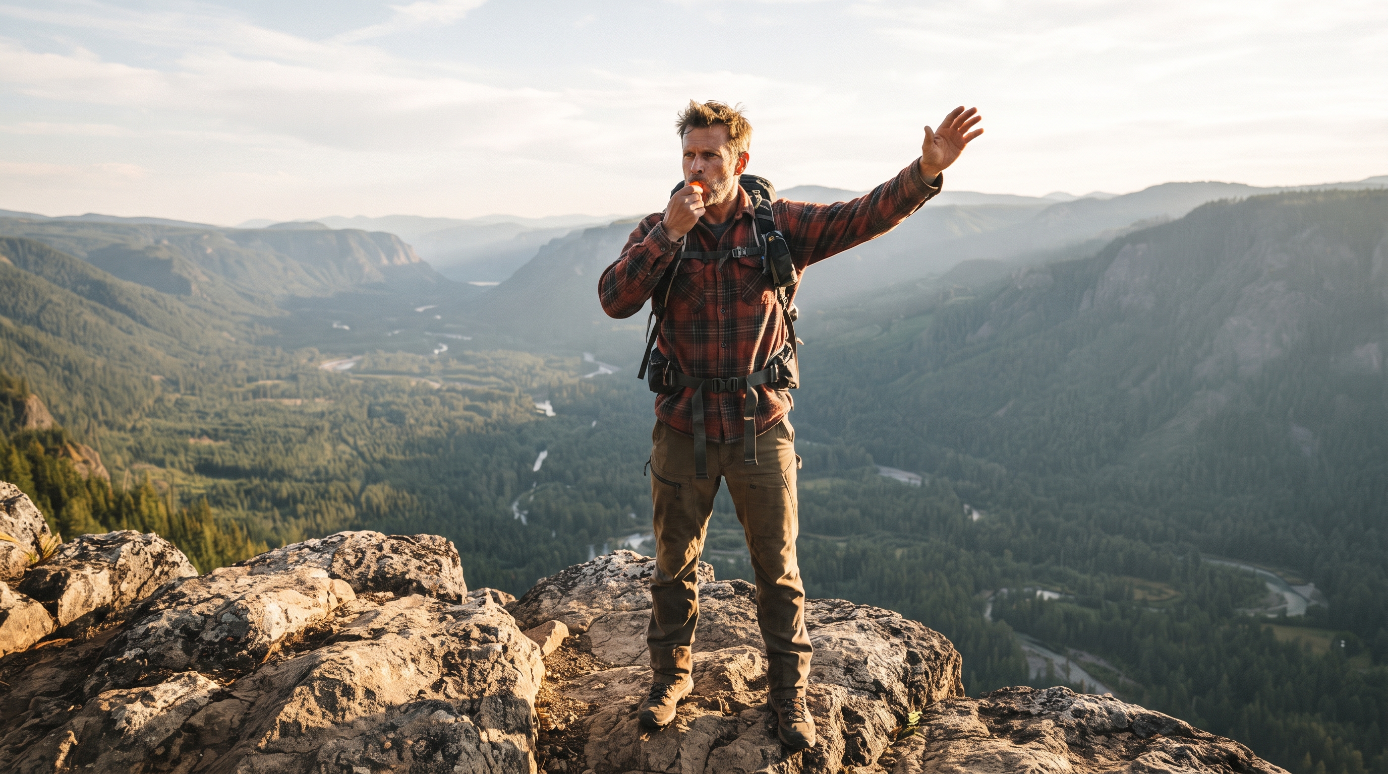 Hiker on a rocky overlook using a whistle and signal mirror to call for help