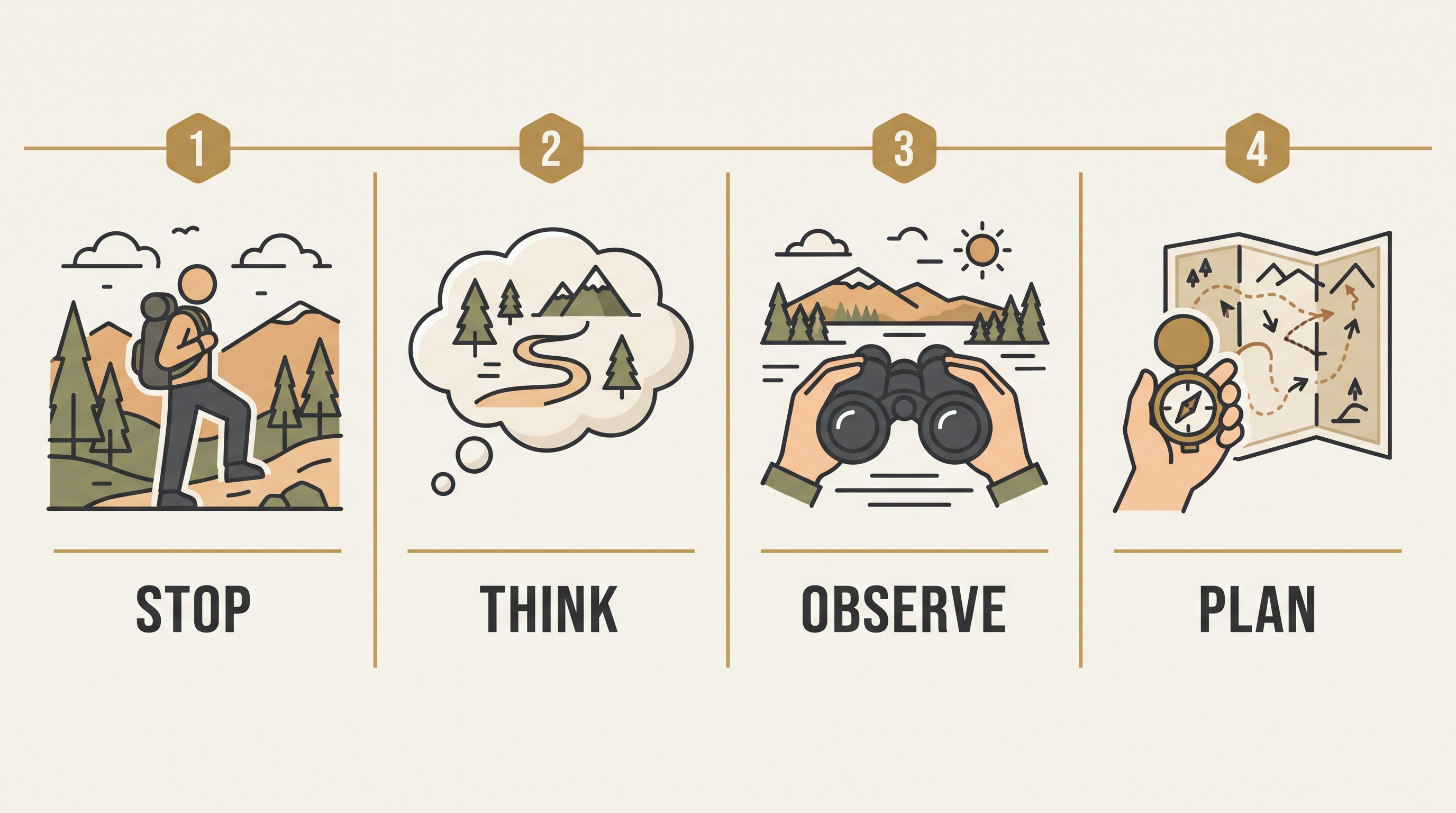 Illustrated four-step infographic of the STOP method: Stop, Think, Observe, Plan