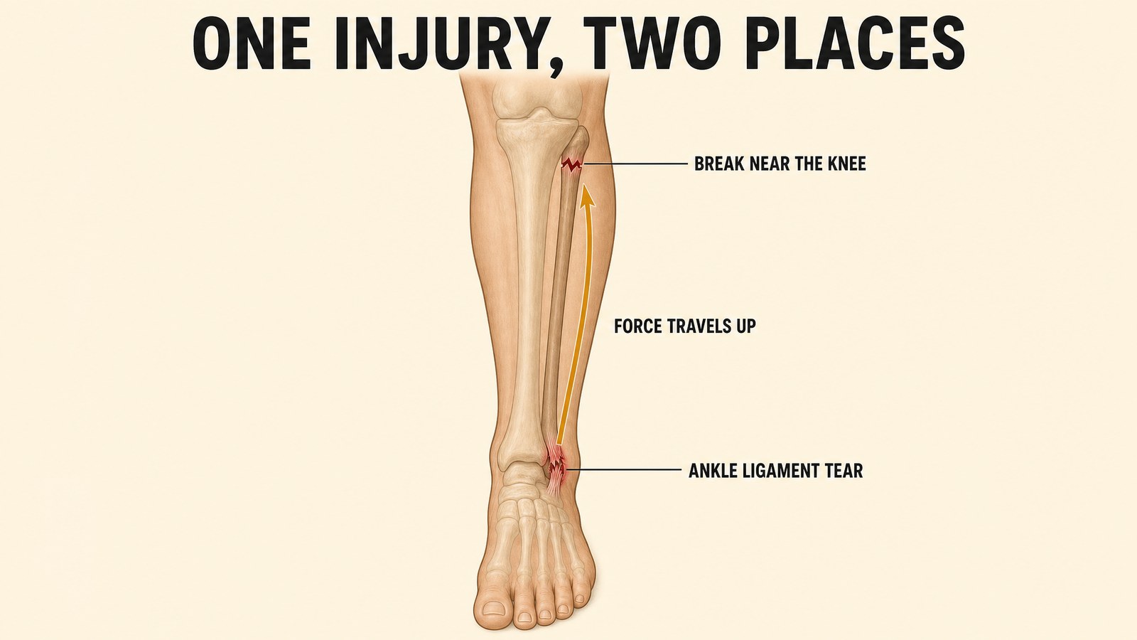 Anatomical illustration of a lower leg showing the fibula from ankle to knee with a marked break high near the knee and a marked ankle ligament tear