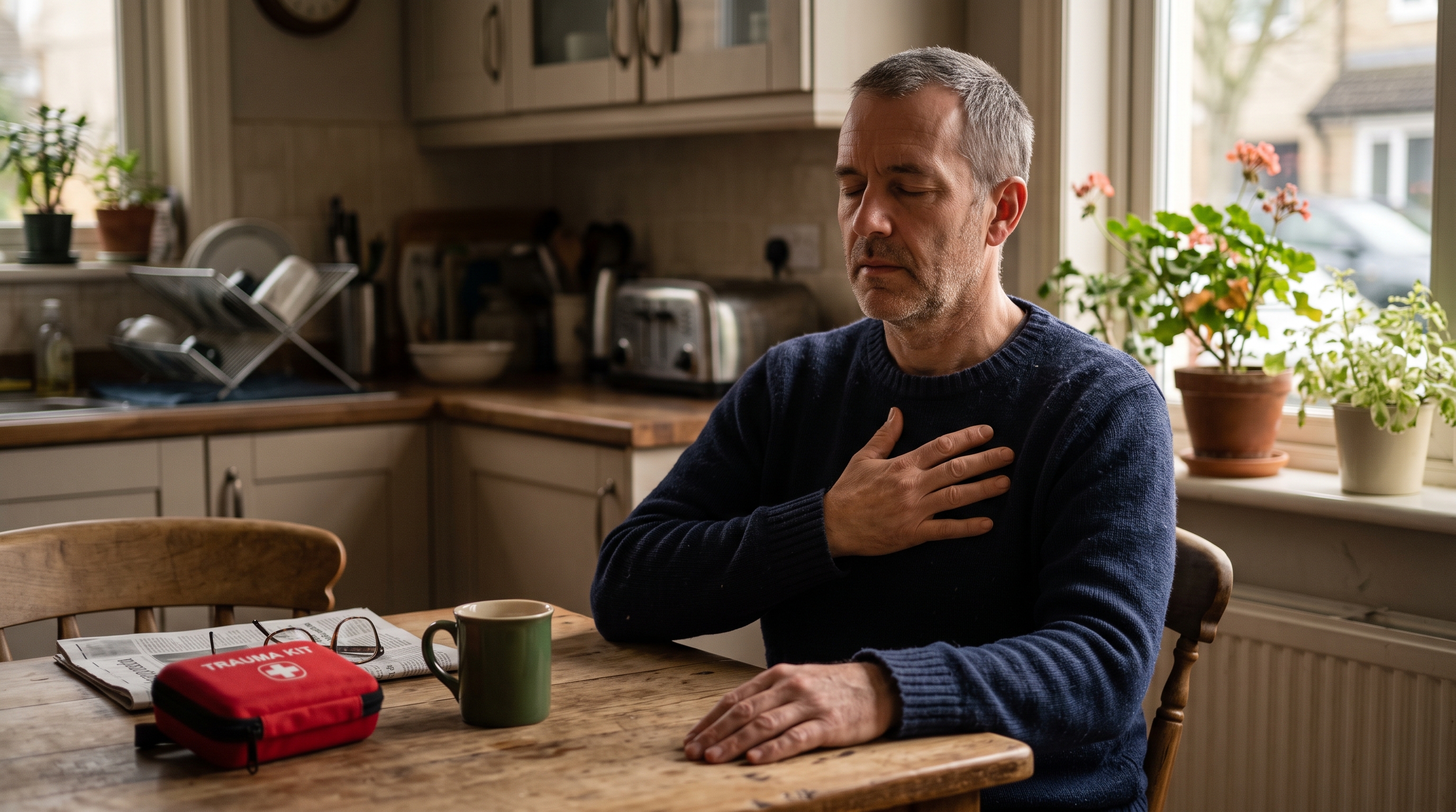Man sitting at his kitchen table in early morning light, eyes closed, one hand on his chest, mid-breathing exercise, a compact first aid kit visible nearby