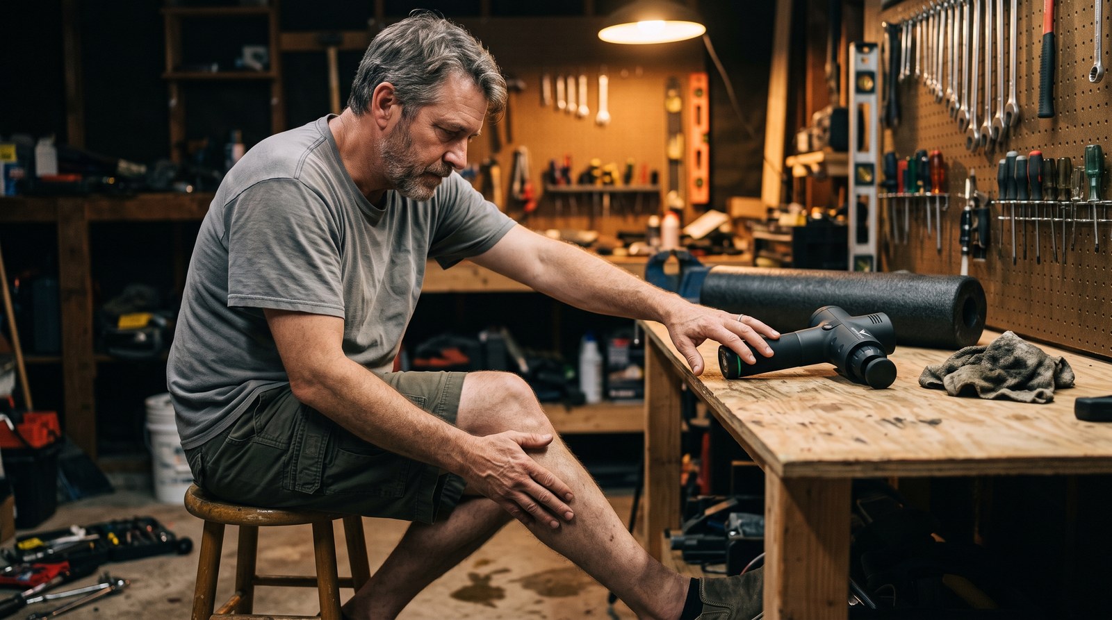 A man in his fifties sits on a stool in a dim garage, one hand resting on his sore lower calf while the other reaches toward a percussion massage gun on the workbench beside him
