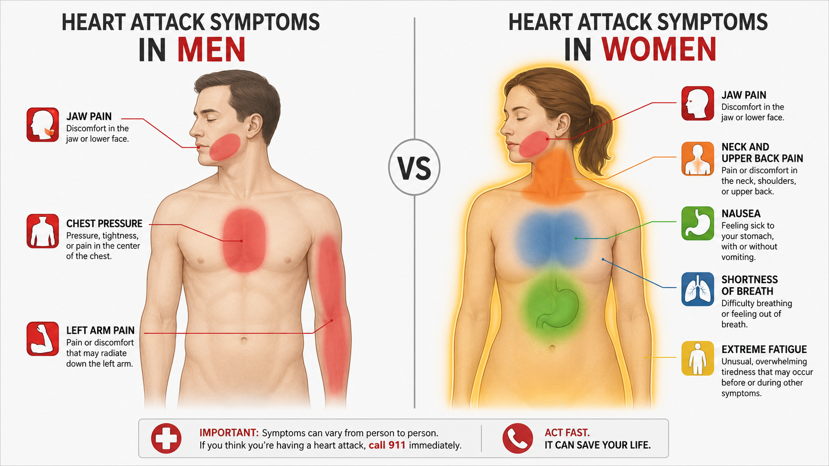 Medical diagram comparing heart attack symptoms in men vs. women