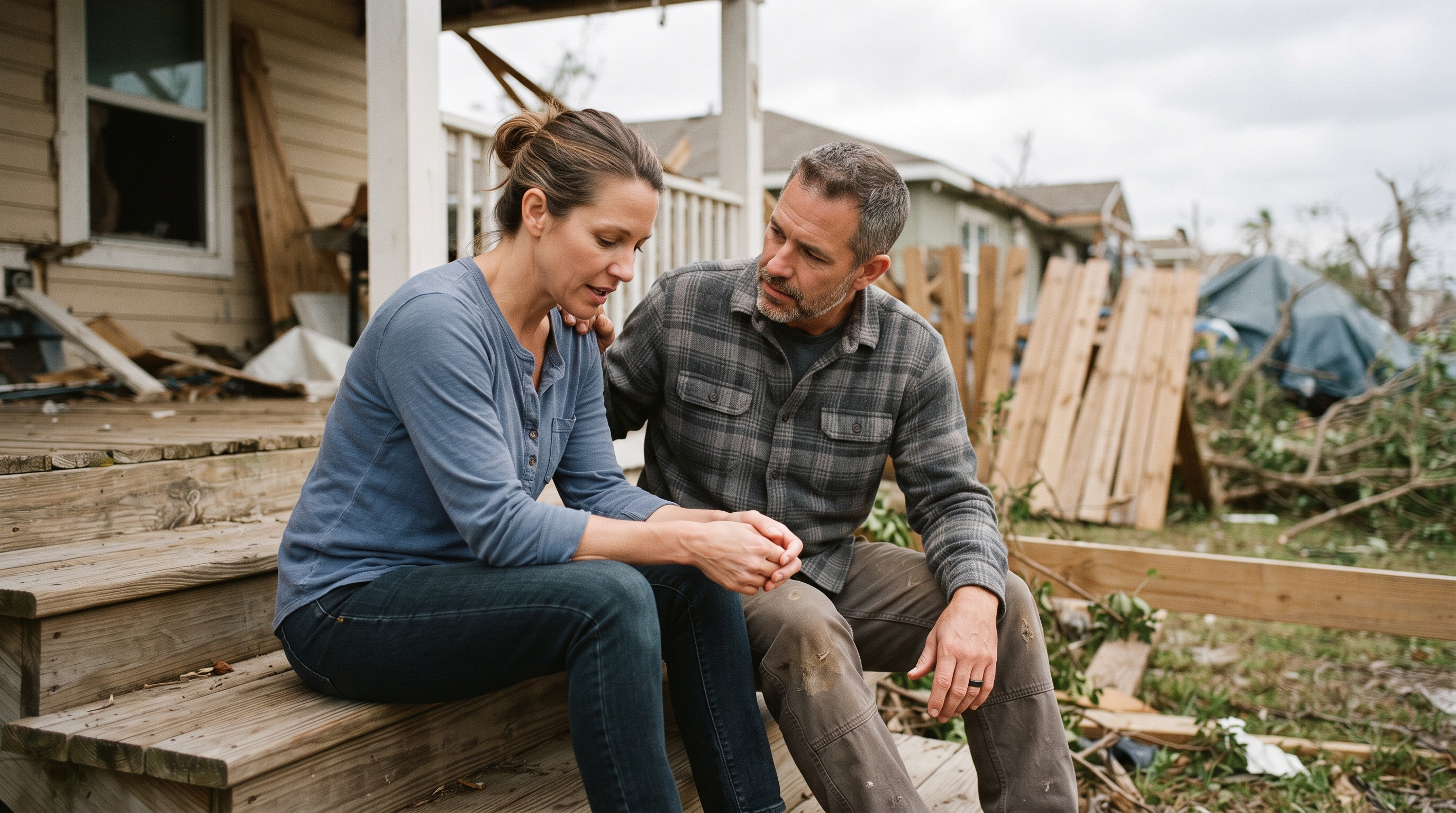 Two adults sitting together on a porch step in quiet conversation, one listening with a hand resting supportively on the other's shoulder, damaged property visible softly in the background