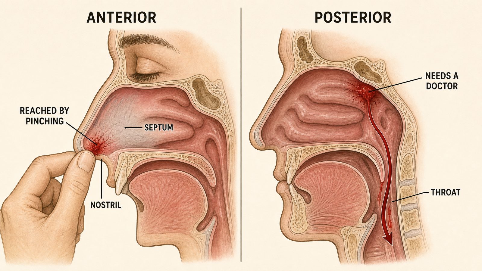 Labeled medical cross-section illustration of the nasal cavity comparing an anterior bleed low on the front septum with a posterior bleed from larger vessels deeper toward the throat