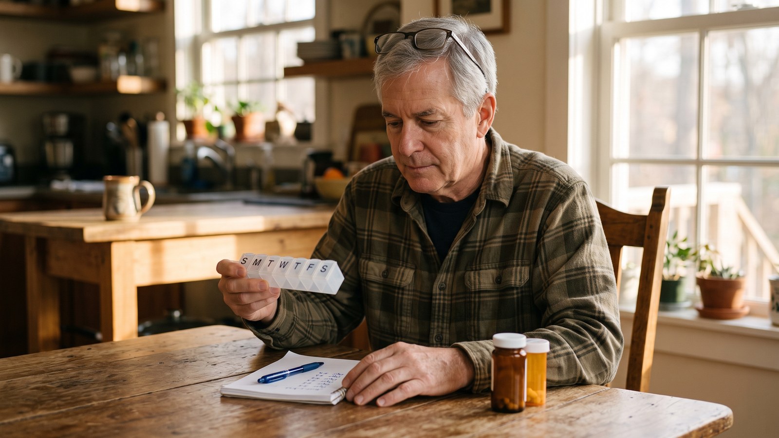An adult man in his sixties seated at a dining table in warm afternoon light, holding a weekly pill organizer and looking at a notepad where he has written down dates