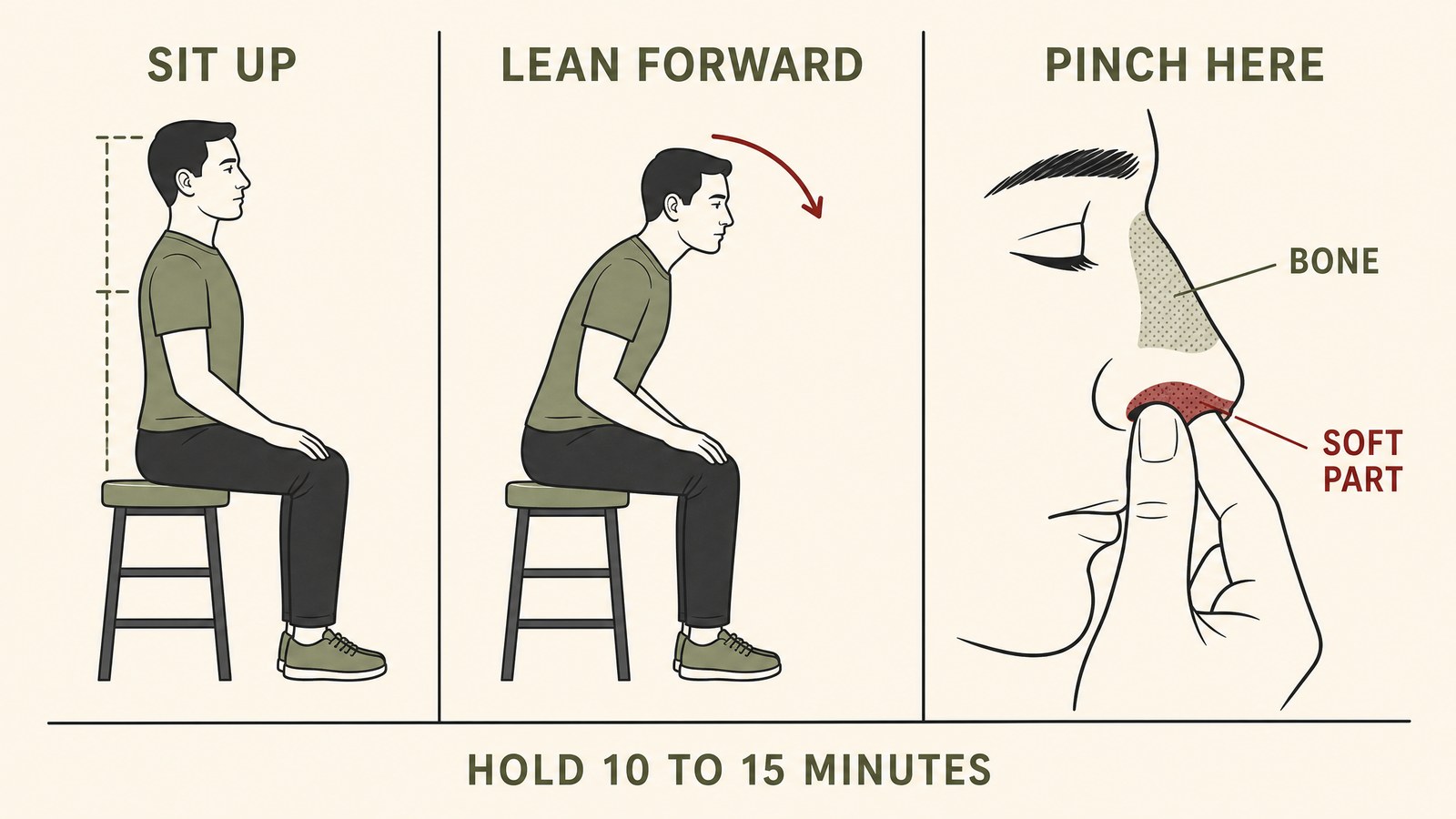Instructional illustration showing the correct nosebleed hold: seated upright, leaning slightly forward, thumb and index finger pinching the soft part of the nose just above the nostrils