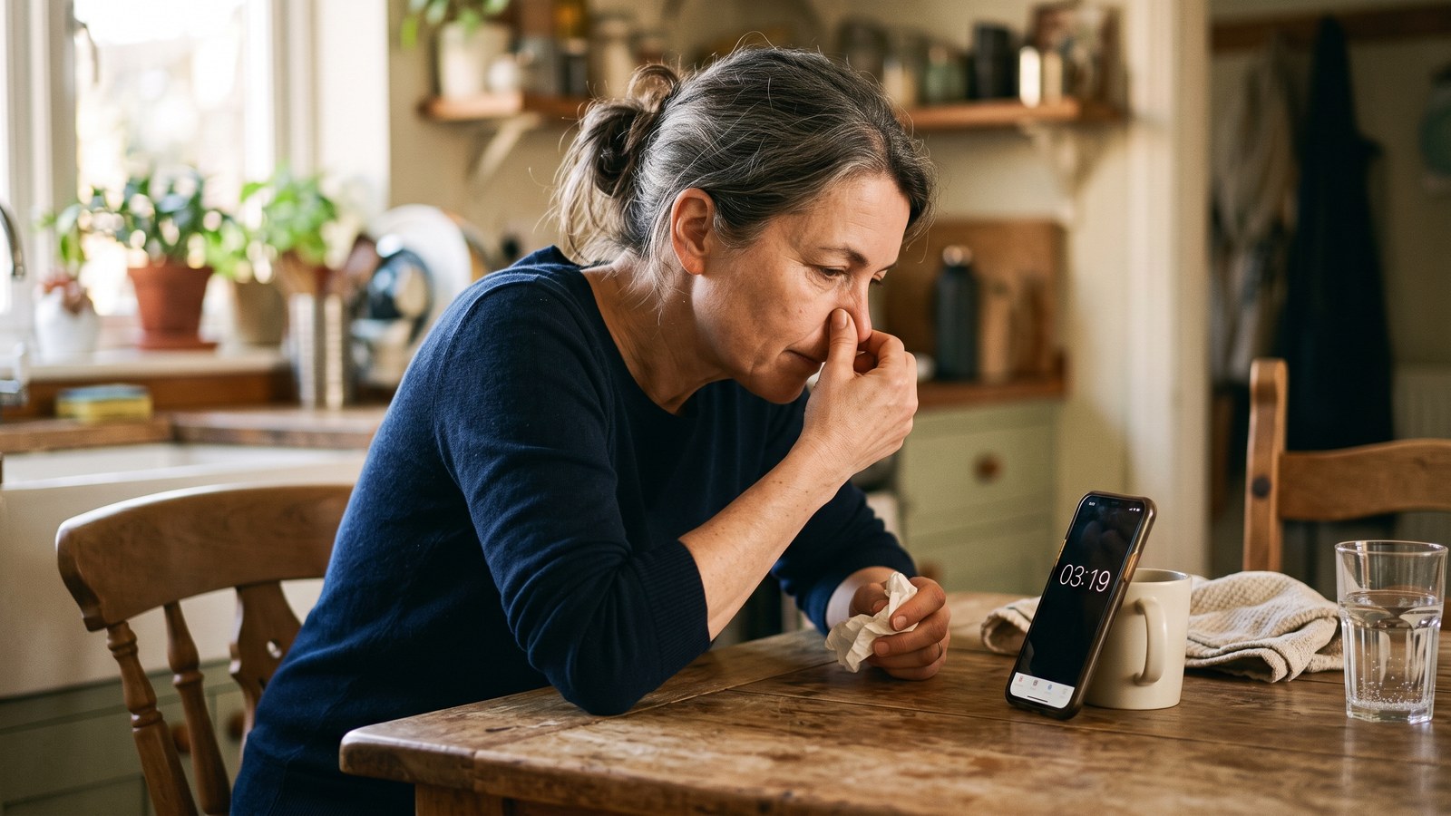 An adult seated at a kitchen table leaning forward, one hand pinching the nose with a tissue, a phone propped up in front of them running a countdown timer