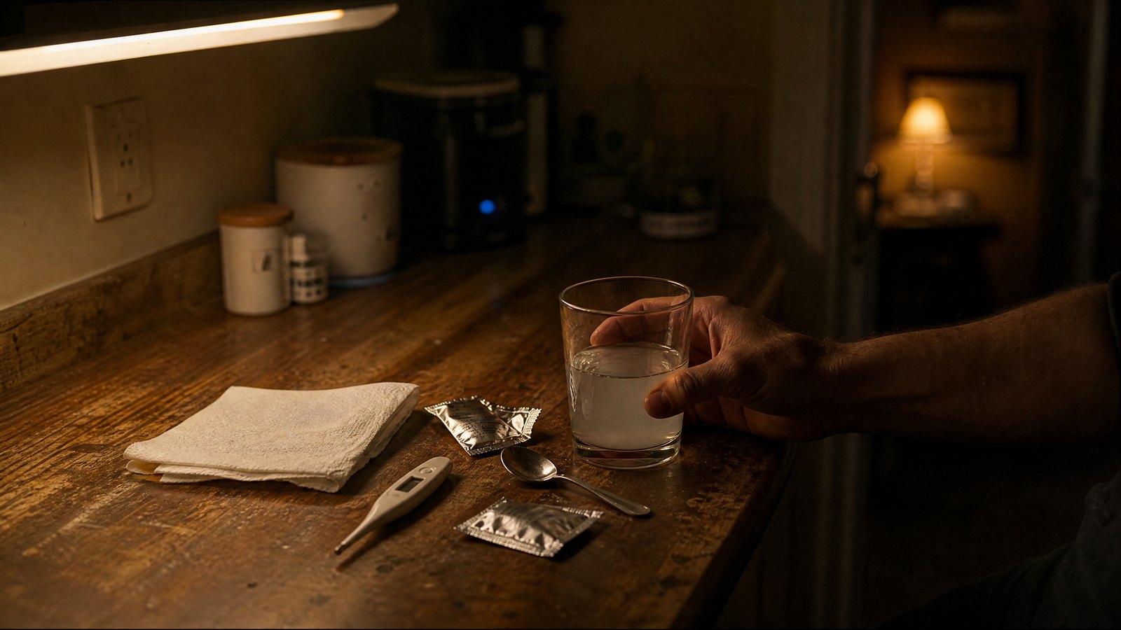 A kitchen counter at night with a half-filled glass, two torn foil rehydration sachets, a digital thermometer and a spoon, a hand reaching in for the glass