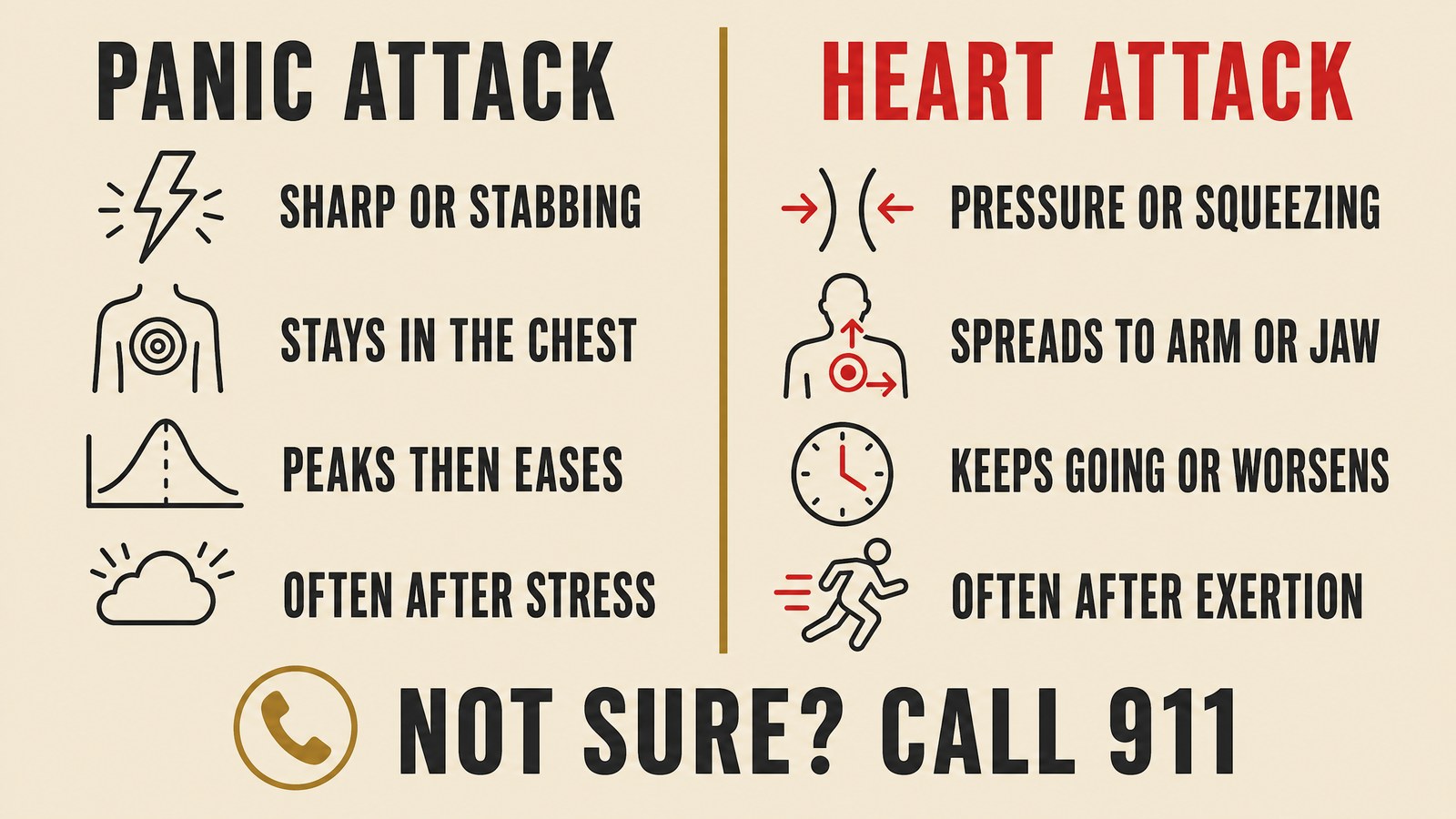 Two-column comparison chart of panic attack signs and heart attack signs, including pain type, spread, duration and triggers