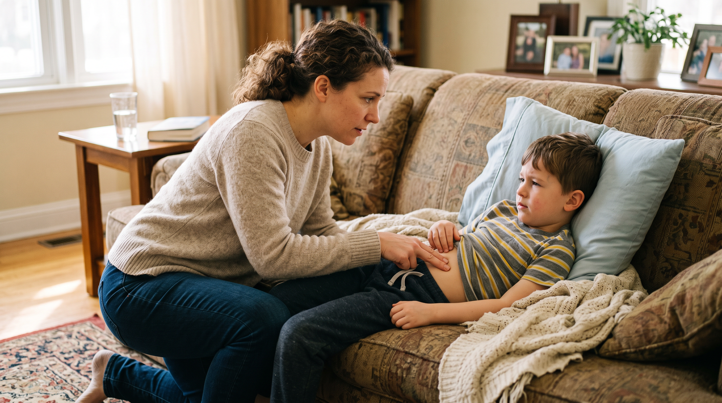 A parent gently checks their young child's stomach for tenderness while the child lies on a couch looking unwell