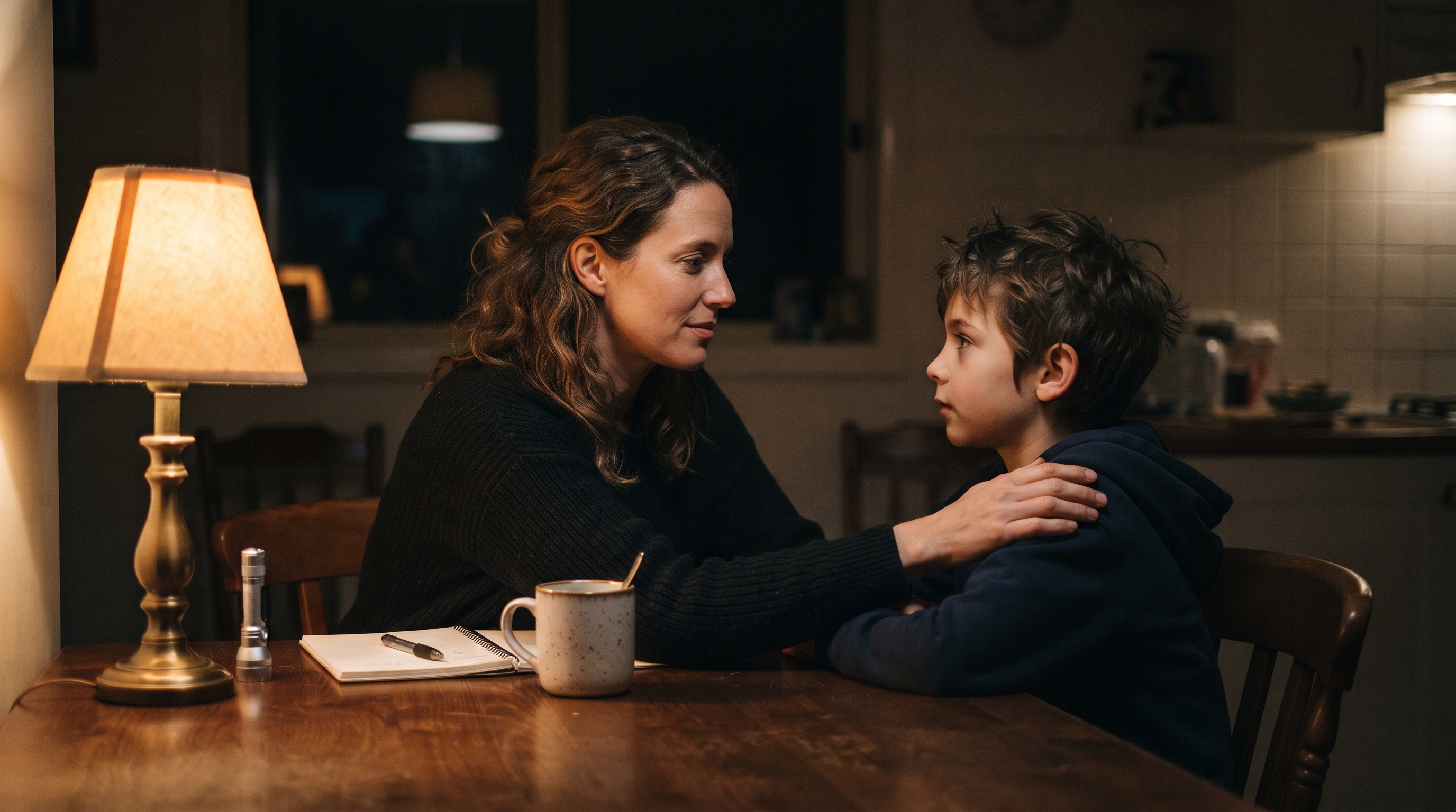 Close-up of a mother making steady eye contact with her son at the kitchen table, her hand resting calmly on his shoulder, warm lamp light in an otherwise dark room