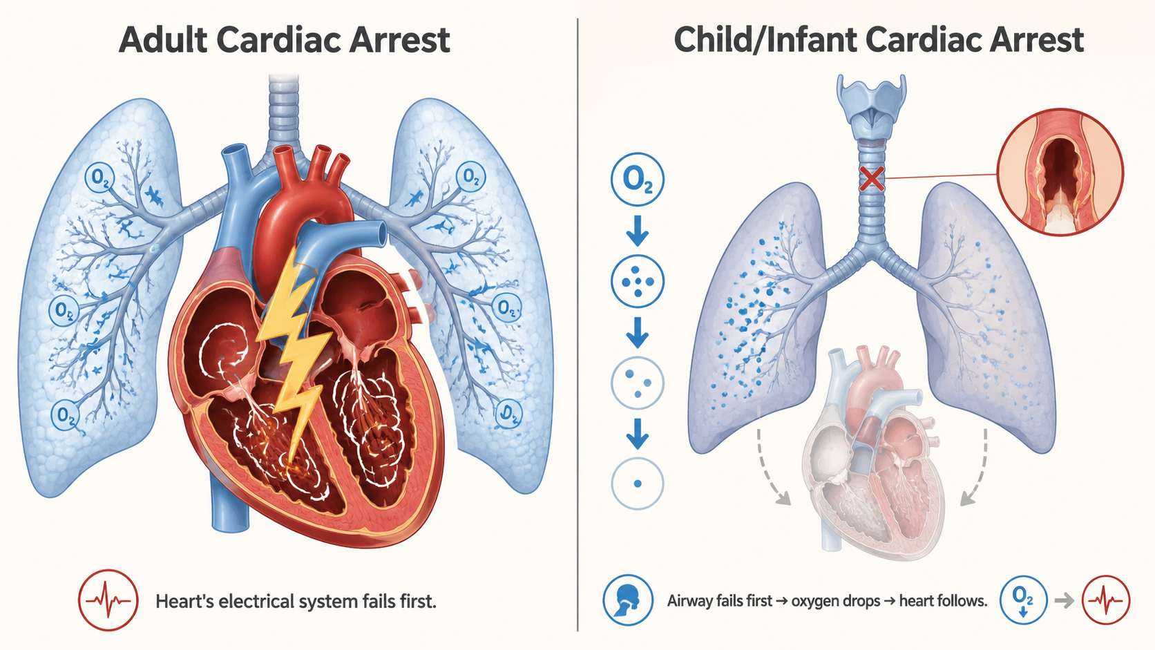 Diagram showing respiratory vs cardiac causes of arrest in children vs adults