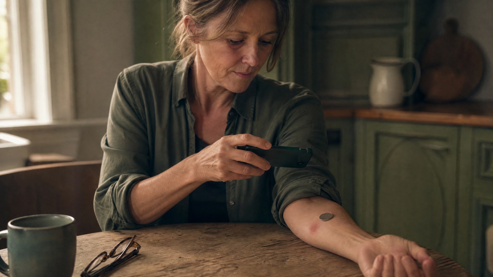 An adult woman at a kitchen table photographing a bite mark on her forearm with a phone, a coin placed on the skin beside it for scale