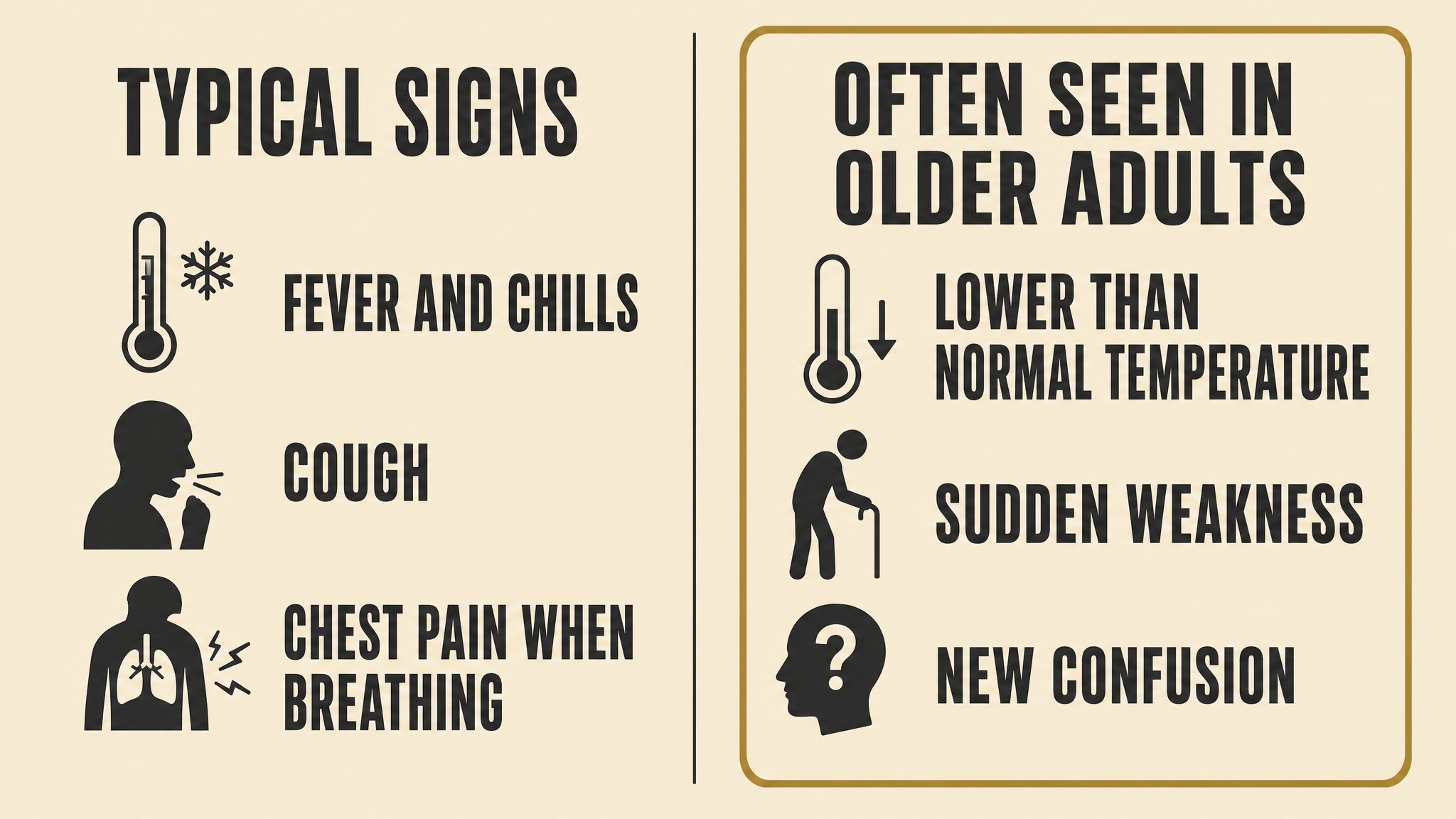 Side by side comparison illustration of typical pneumonia signs in a younger adult versus signs in an older adult: fever, cough, chest pain on one side, versus low temperature, weakness, sudden confusion