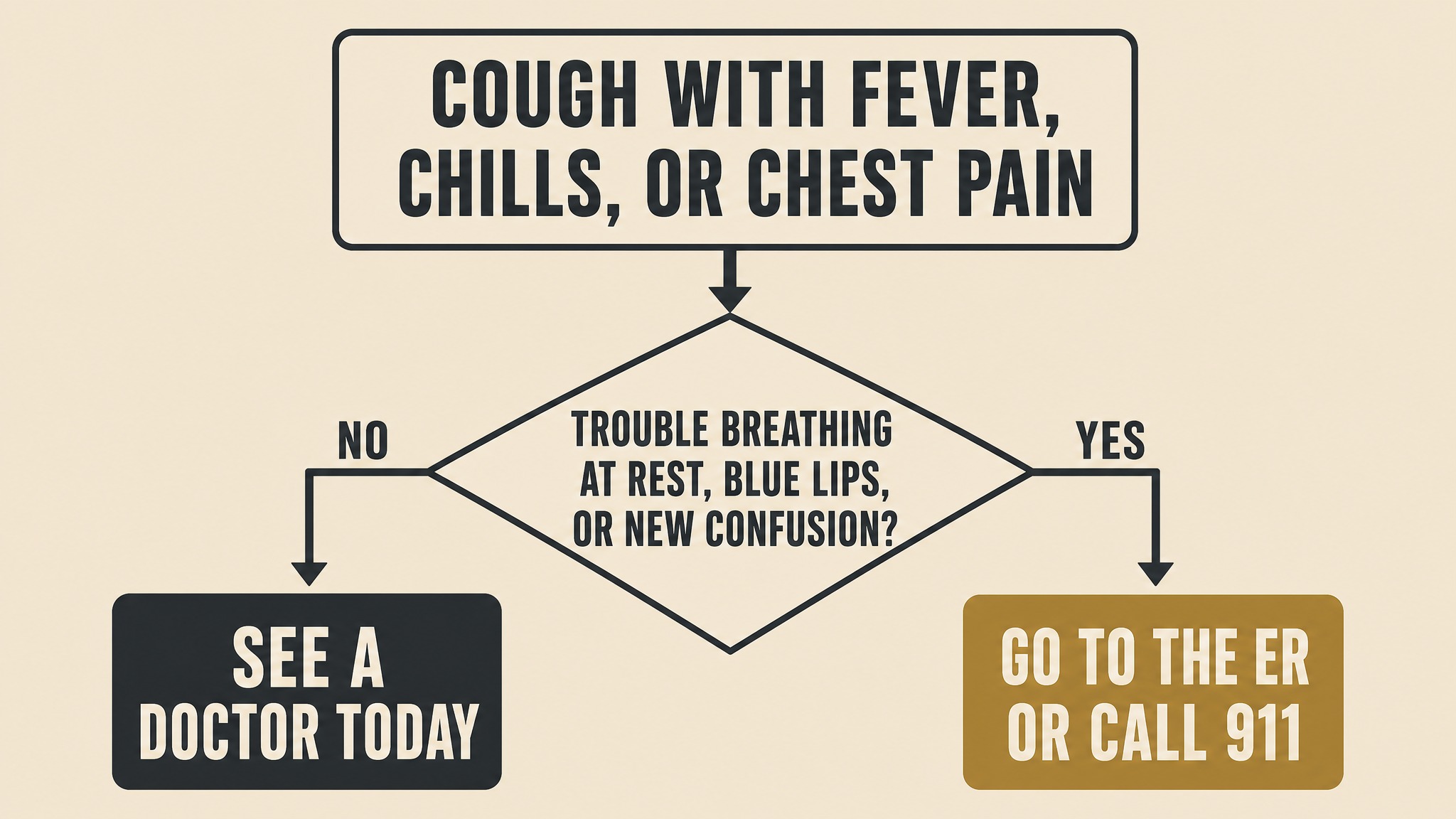 Flowchart: cough with fever or chest pain, then trouble breathing at rest or blue lips or new confusion goes to ER or 911, otherwise see a doctor today