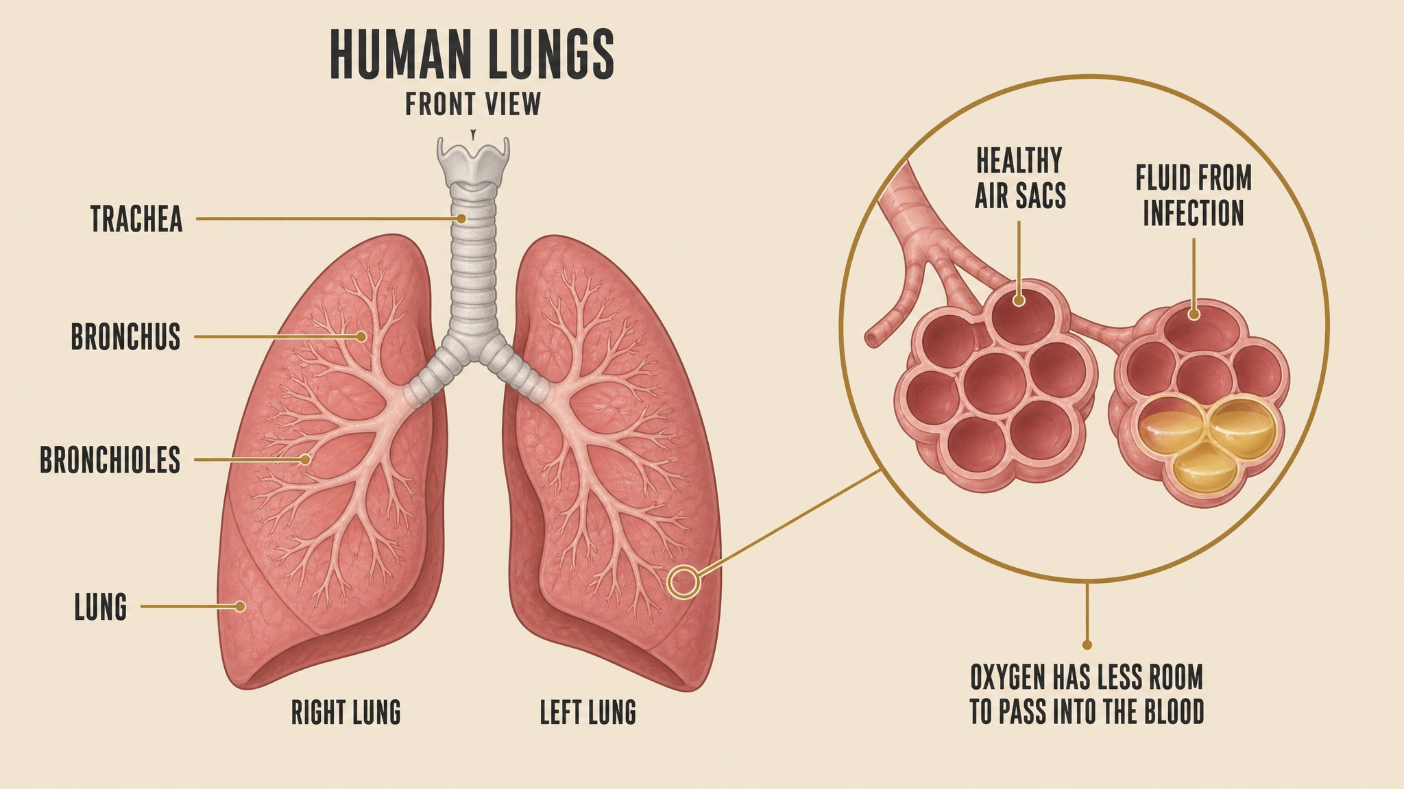 Medical illustration of lungs with a close-up of tiny air sacs partly filled with fluid, labeled healthy air sac and infected air sac