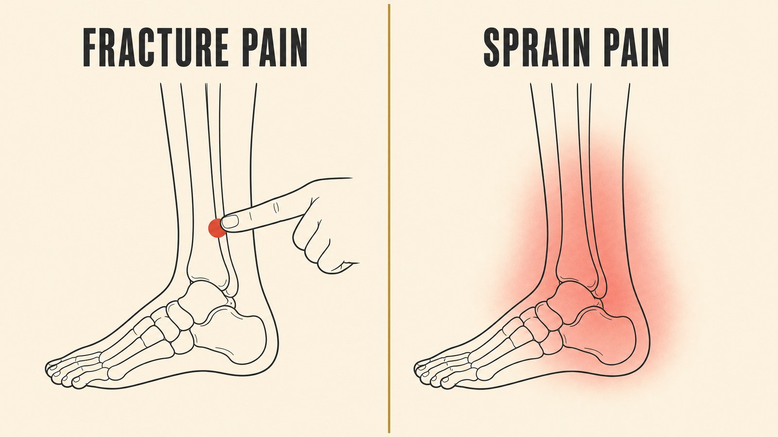 Two-panel illustration comparing fracture pain as one small sharply defined point over bone against sprain pain as a broad diffuse area around the joint