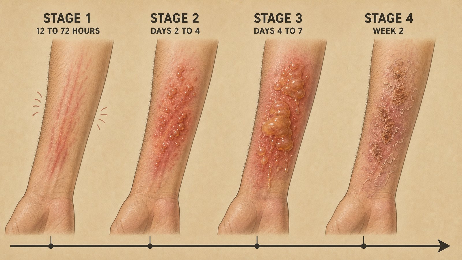 Four-stage medical illustration timeline of poison ivy rash stages on an adult forearm: itching and redness at 12 to 72 hours, blistering days 2 to 4, weeping and peak itch days 4 to 7, crusting and fading in week 2
