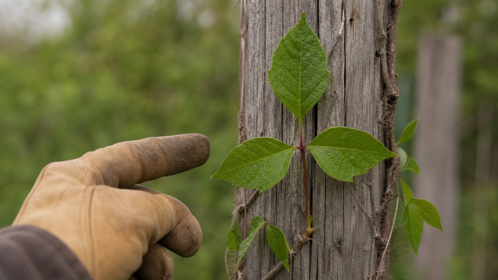 Close view of a poison ivy vine with three glossy leaflets climbing a weathered wooden fence post, an adult gloved hand held nearby without touching it