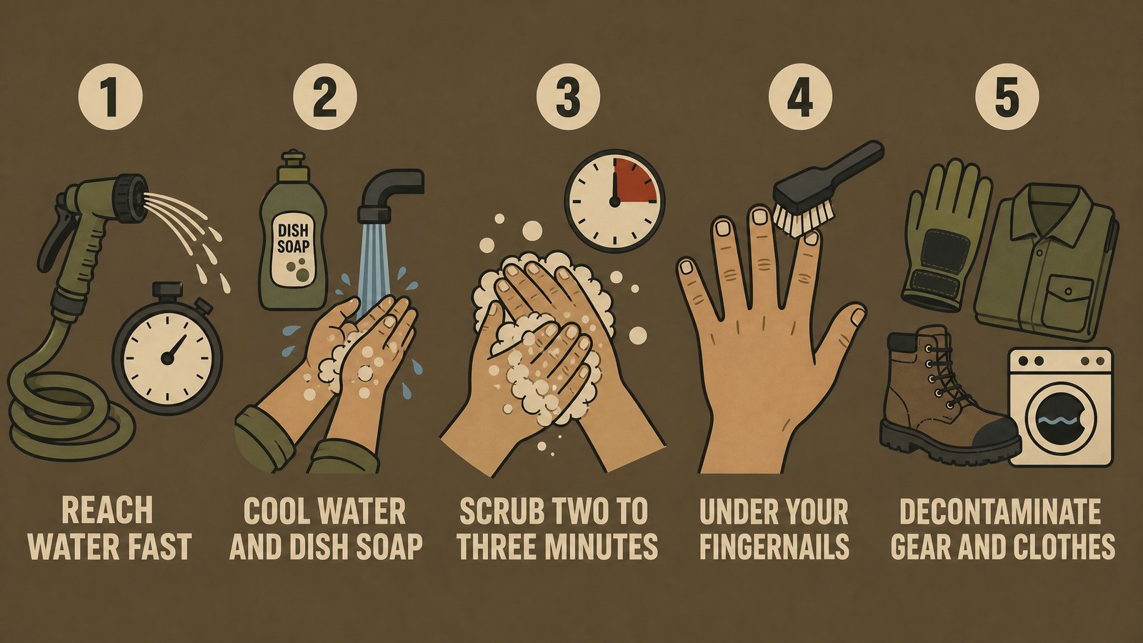 Flat vector infographic showing the five-step urushiol wash procedure: reach water fast, cool water and dish soap, scrub two to three minutes, clean under fingernails, decontaminate clothing and tools