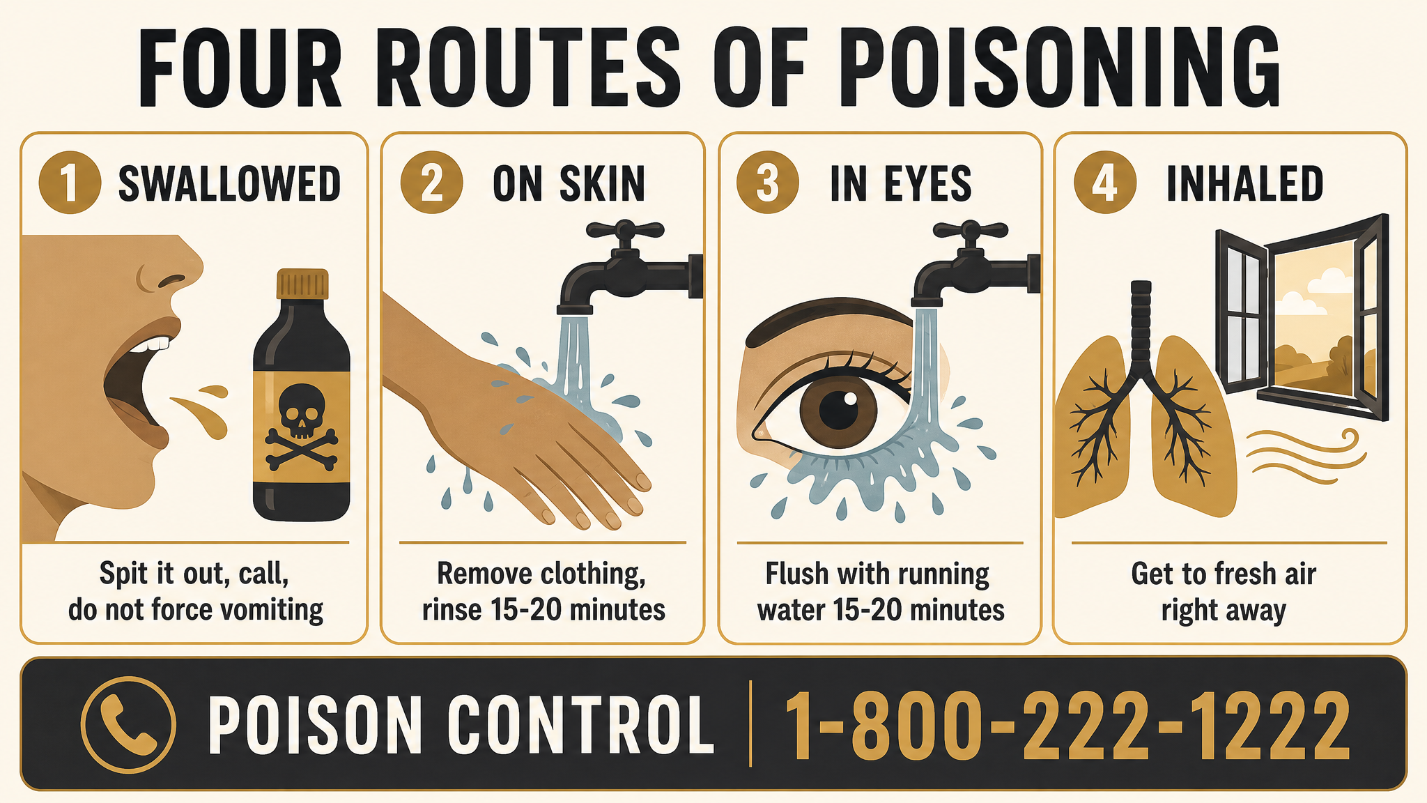 Flat illustration infographic titled Four Routes of Poisoning showing four panels: swallowed with a spit-out-and-call icon, skin with a rinse-15-minutes icon, eyes with an eye-flush icon, and inhaled with a fresh-air icon, each labeled with its first response and the number 1-800-222-1222 across the bottom