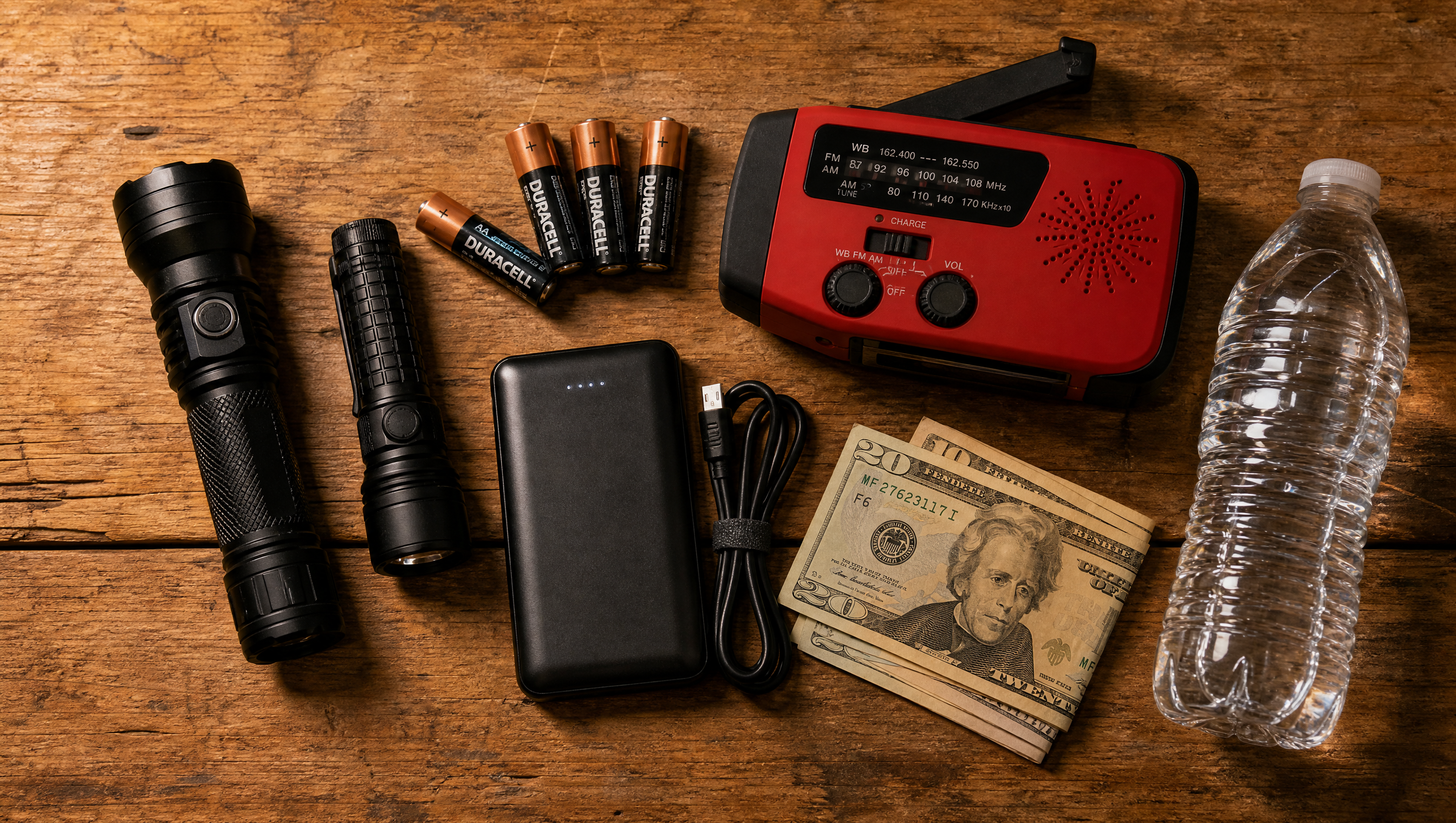 Flat-lay of power outage emergency kit essentials on a wood table: flashlights, batteries, a hand-crank radio, a portable phone charger, bottled water, and cash