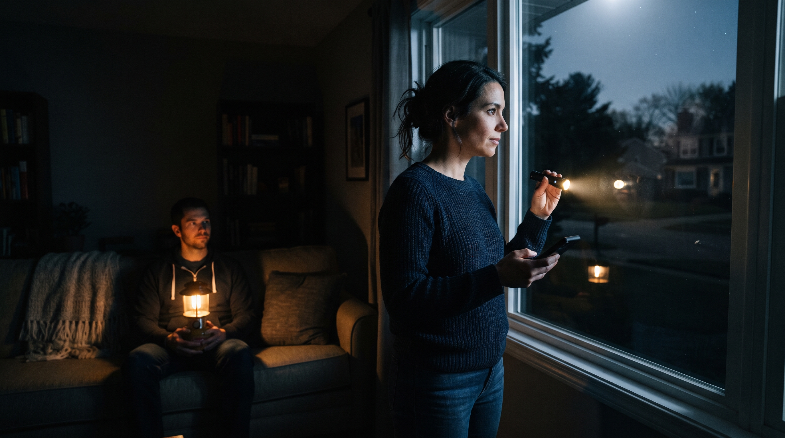 A woman stands at a living room window at night holding a flashlight, checking whether neighboring houses still have power, while a man sits behind her holding a lit lantern