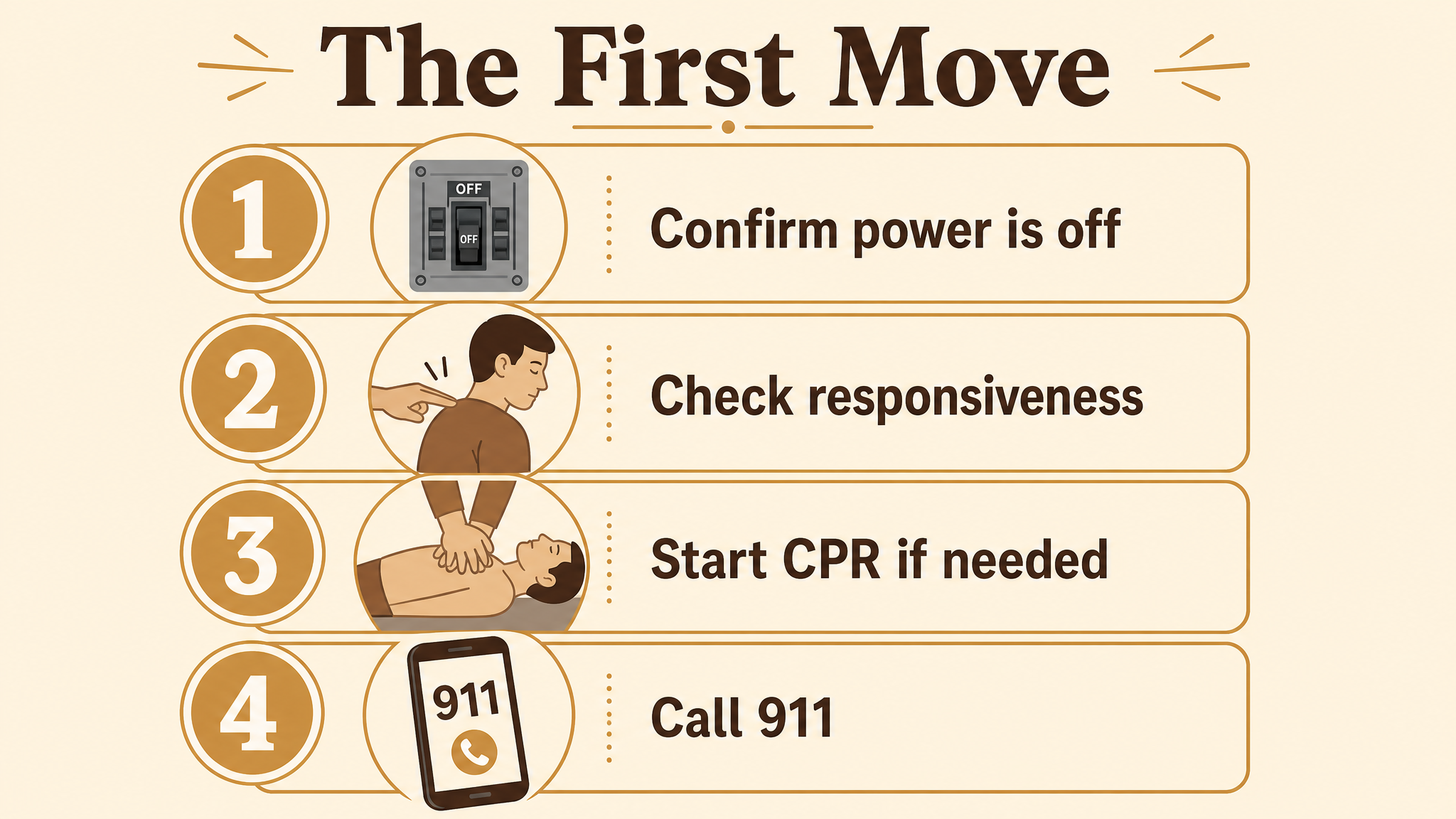 Flat illustrated infographic titled The First Move showing four numbered steps: confirm power is off, check responsiveness, start CPR if needed, call 911, in warm earth tones