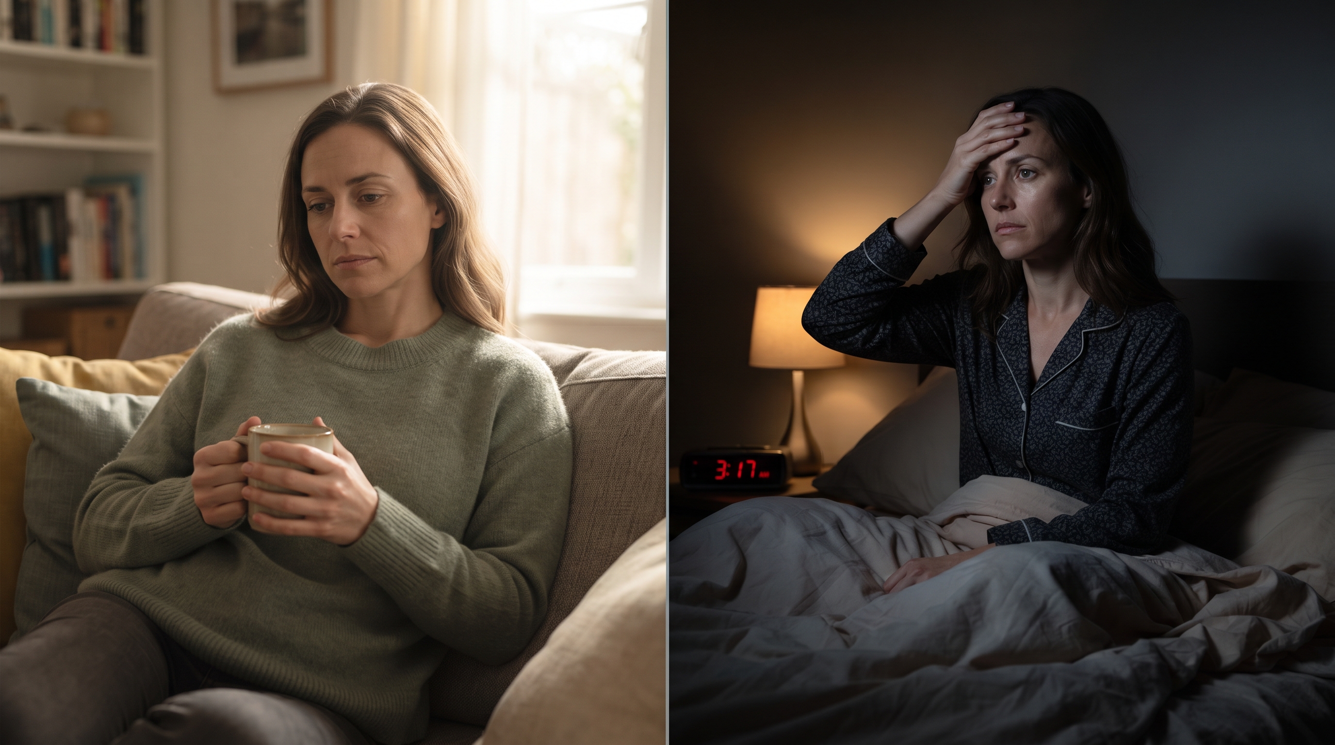 Split-panel comparison image: left panel shows a person resting calmly at home a few days after a disaster, right panel shows the same person weeks later still unable to sleep, illustrating the contrast between a passing stress reaction and a stress response that hasn't eased