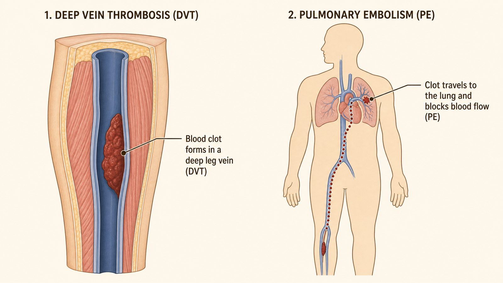 Two-panel labeled medical illustration showing a blood clot forming in a deep leg vein, then traveling through the bloodstream to lodge in a pulmonary artery in the lung