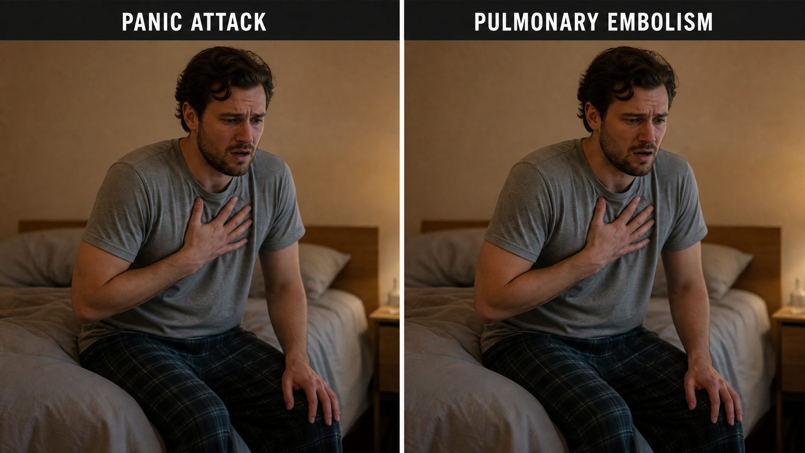 Side-by-side comparison of two people sitting on a bed with a hand pressed to their chest, breathing hard, one panel labeled Panic Attack and the other labeled Pulmonary Embolism, showing how similar the two can look from the outside