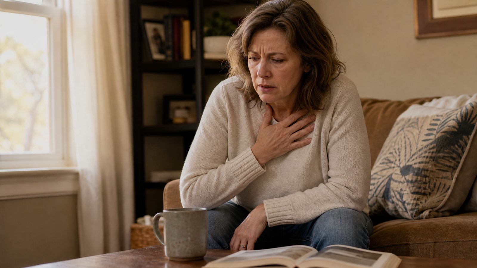 A woman sitting on the edge of a couch during the day, leaning forward with a hand pressed to her chest, visibly short of breath and concerned