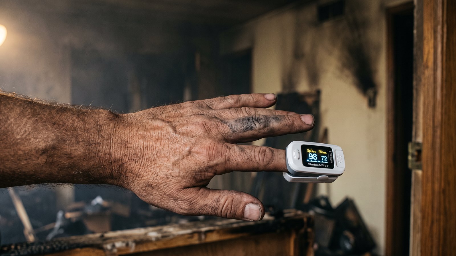 Close-up of an adult hand with a fingertip pulse oximeter reading 98 percent, held in the dim smoke-hazed light of a room with soot marks on the wall behind, the reading looking normal despite the setting