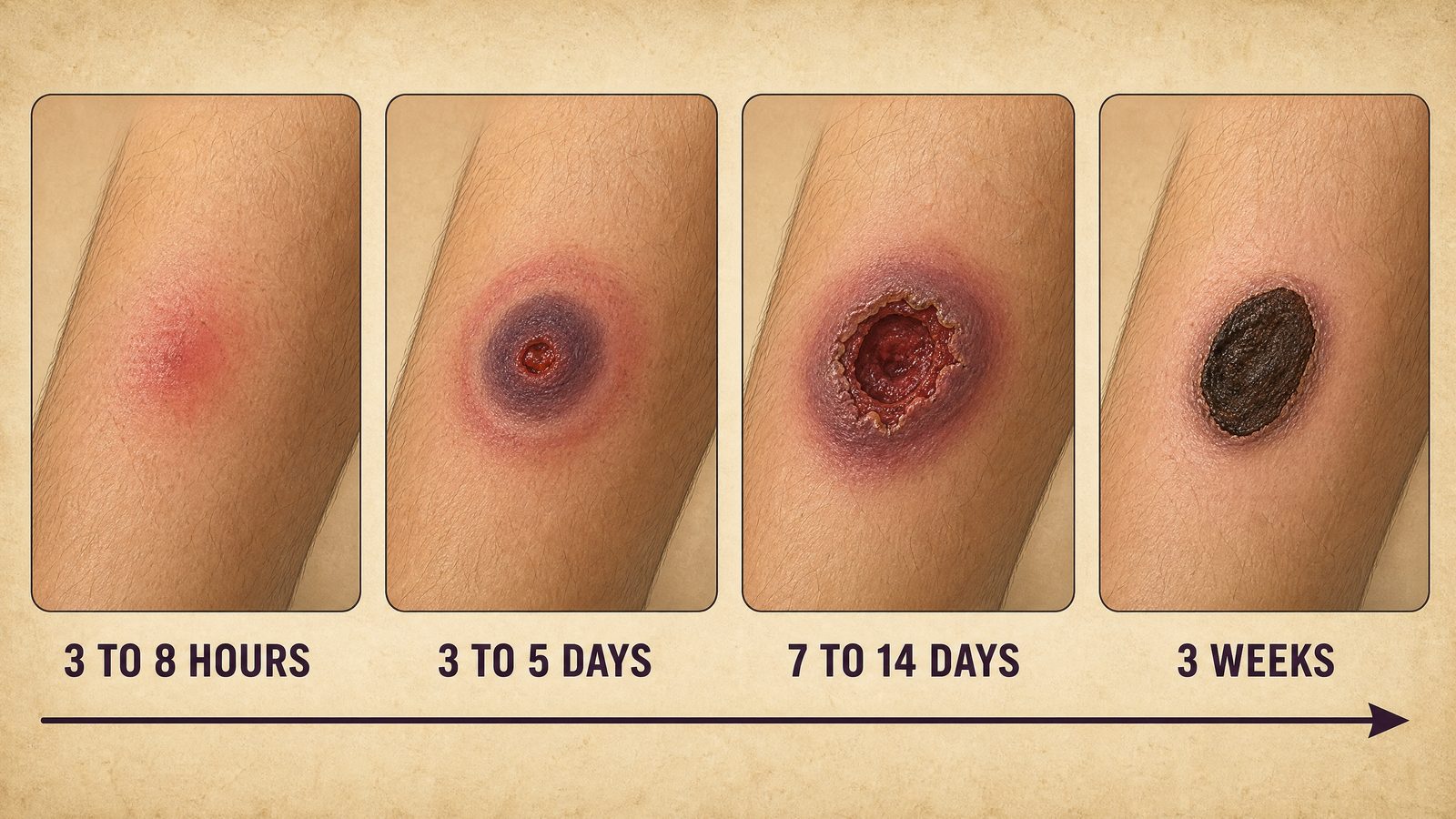 Four-stage timeline illustration of a brown recluse bite: redness and burning at three to eight hours, ulcer forming at three to five days, breakdown at seven to fourteen days, and a dark scab by week three