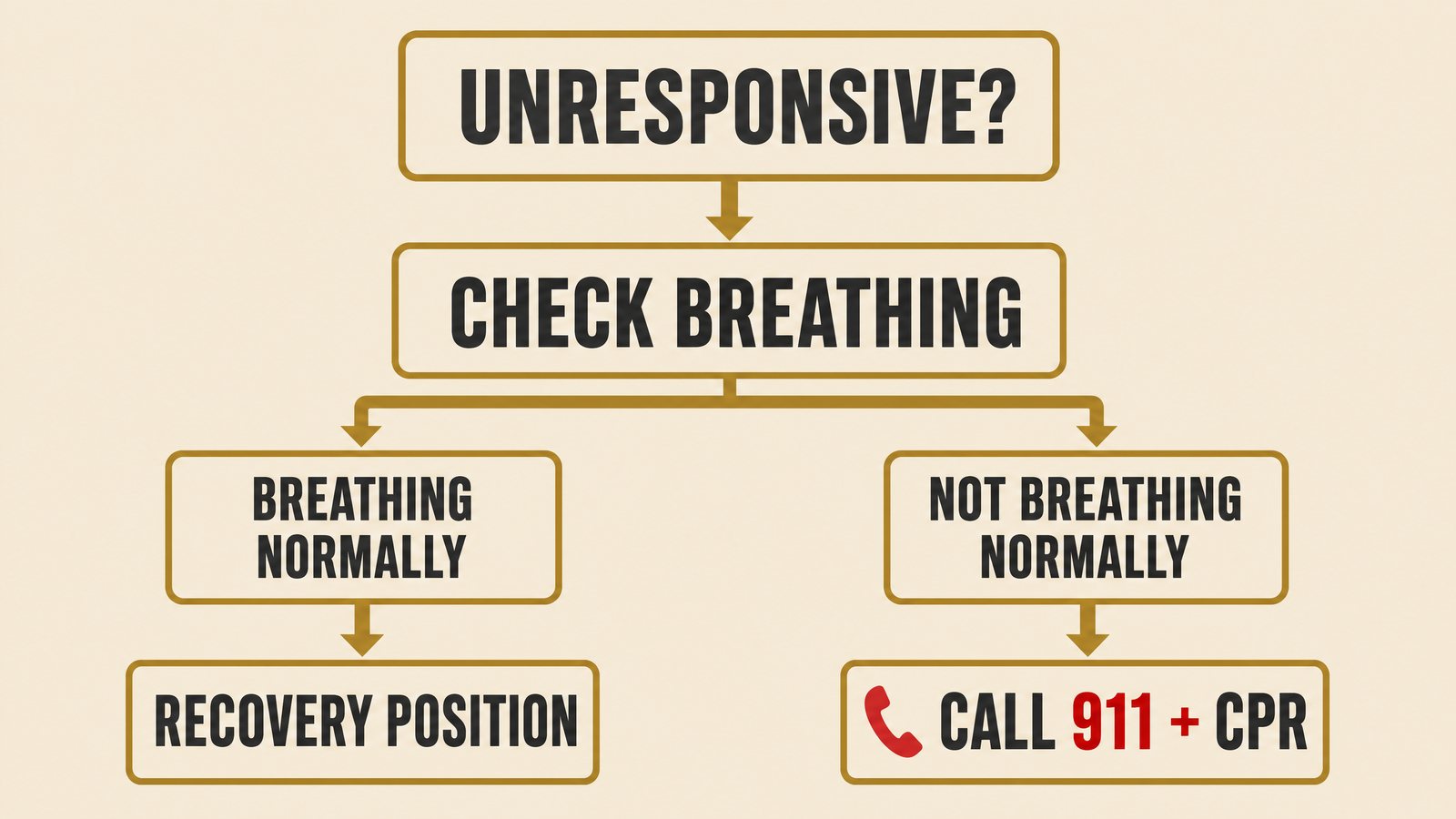 Flowchart: unresponsive person, check breathing, normal breathing leads to recovery position, not breathing leads to CPR