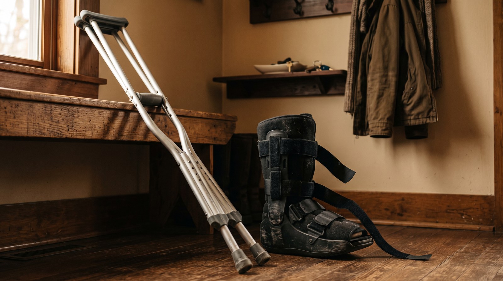 A black medical walking boot and a pair of crutches leaning against a wooden bench in a home entryway