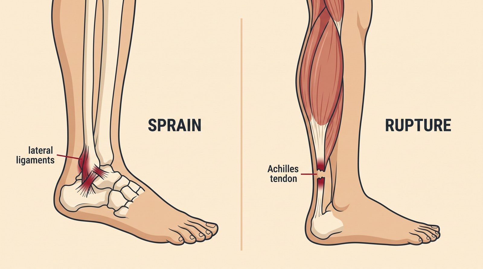 Two-panel medical illustration comparing an ankle sprain at the joint on the left with an Achilles tendon rupture in the lower calf above the heel on the right