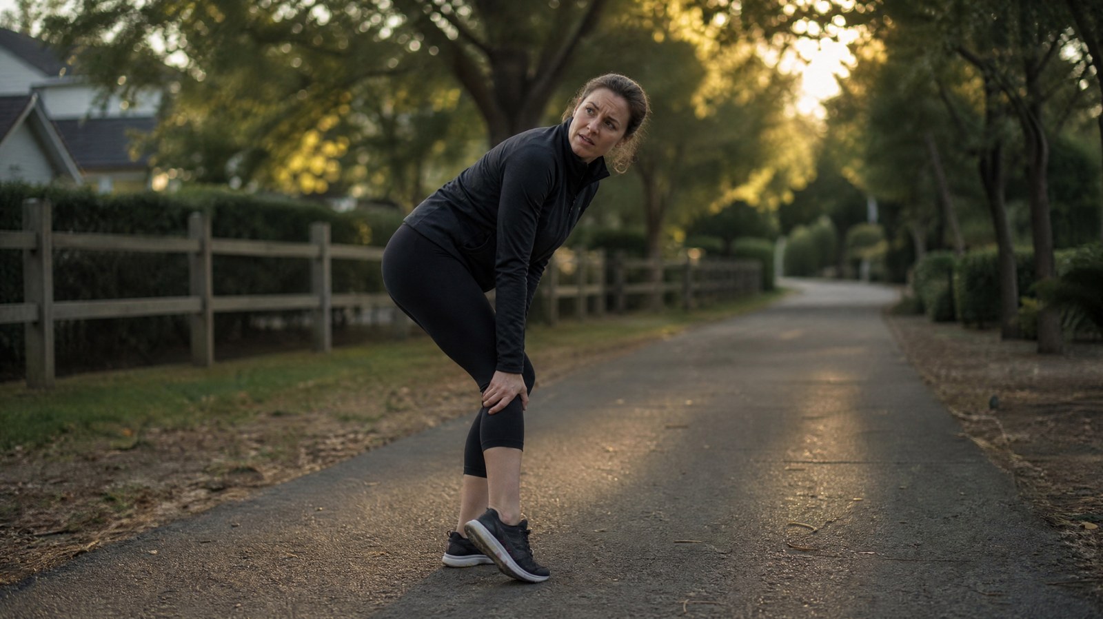 A woman runner stopped on a neighborhood path, bent forward with one hand on the back of her lower leg above the heel, looking behind her in confusion