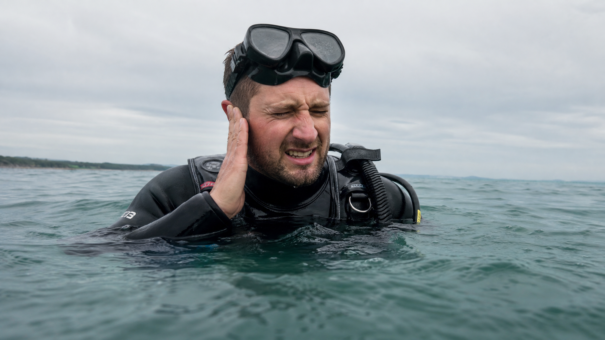 A scuba diver surfacing from murky water, one hand pressed to the side of their dive mask near the ear, wincing in discomfort