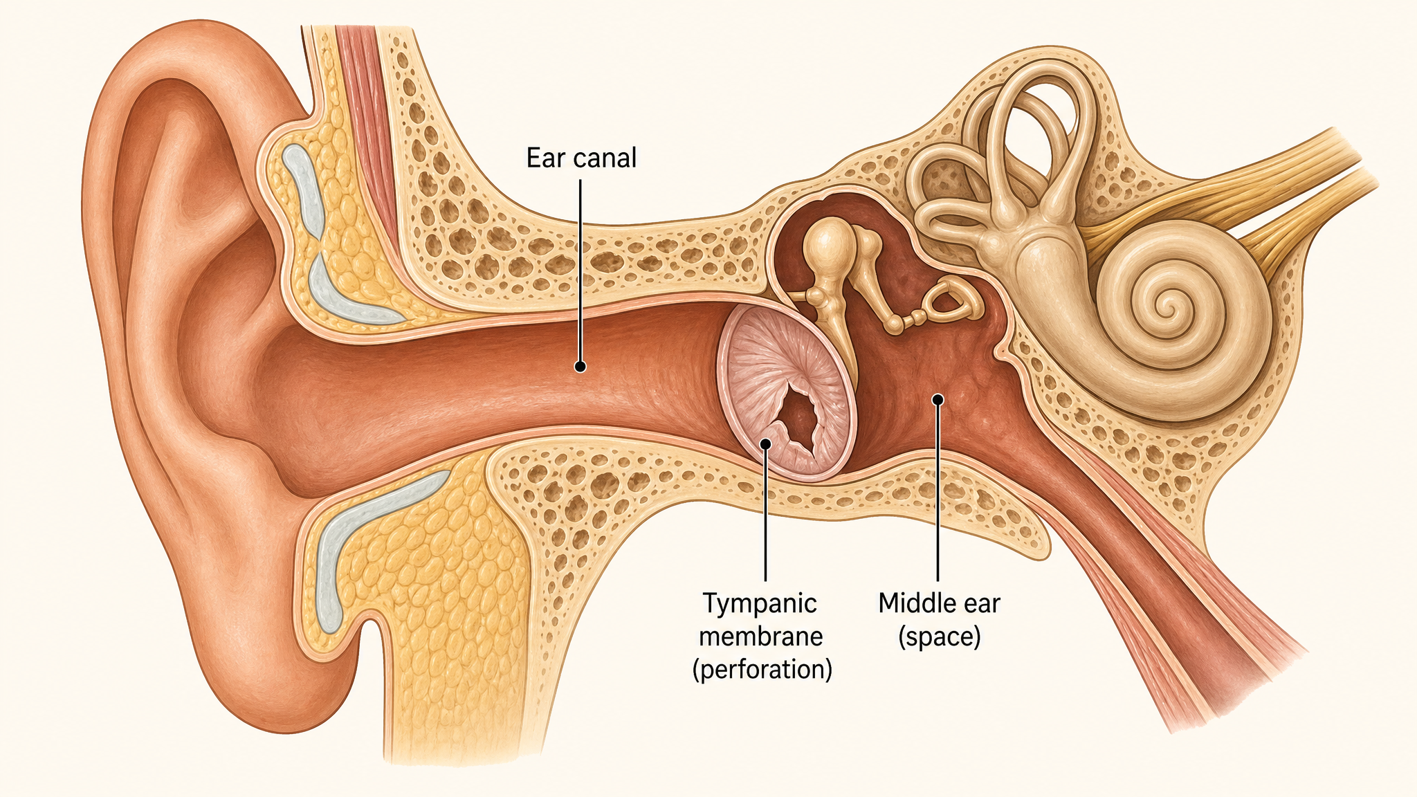 A labeled anatomical illustration cross-section of the ear showing the ear canal, tympanic membrane, and middle ear, with a small tear marked on the eardrum