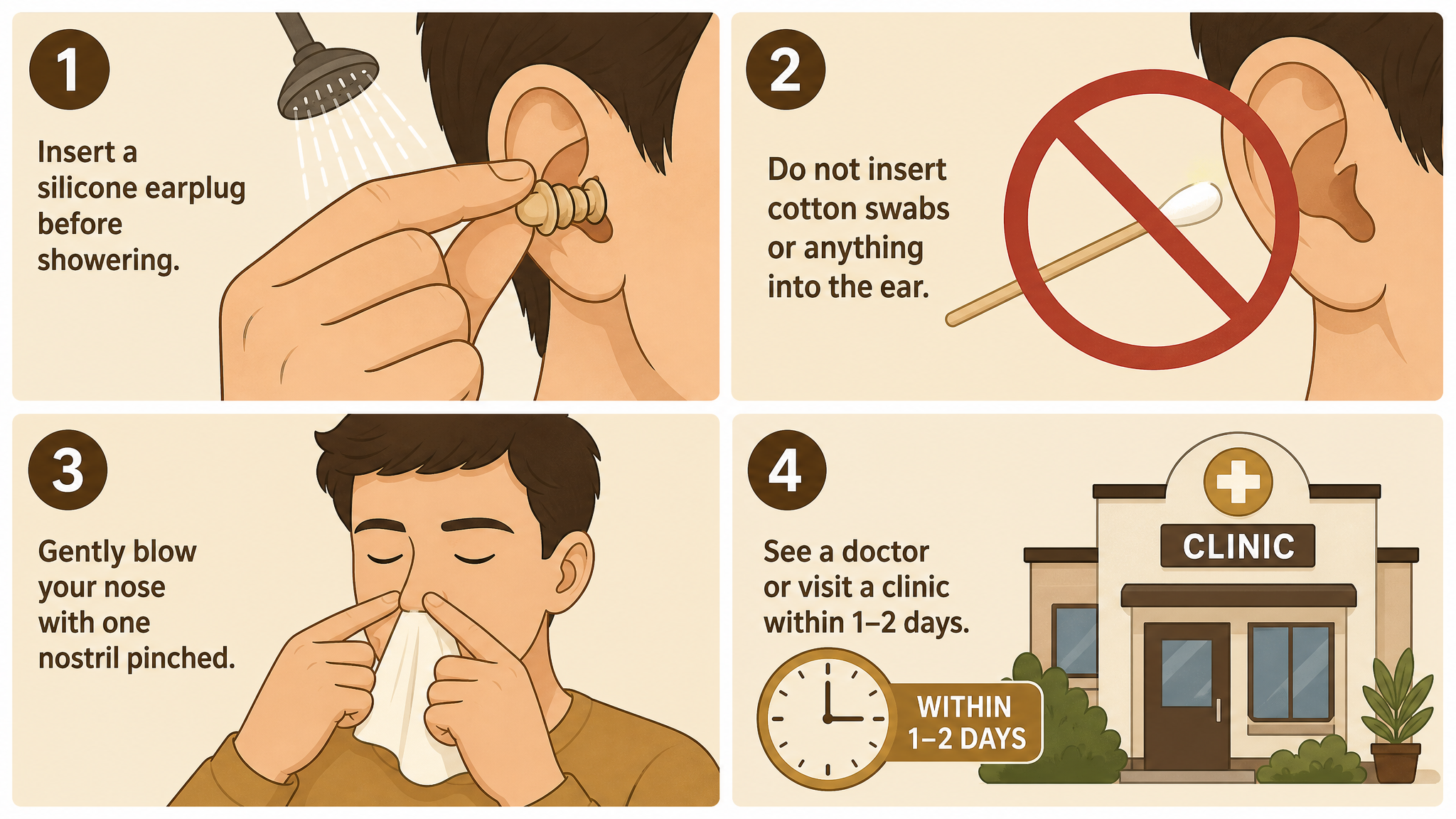 A four-panel illustration showing first-hour care for a ruptured eardrum: keep the ear dry with a silicone plug, avoid putting anything in the ear canal, blow the nose gently, and see a doctor within a day or two