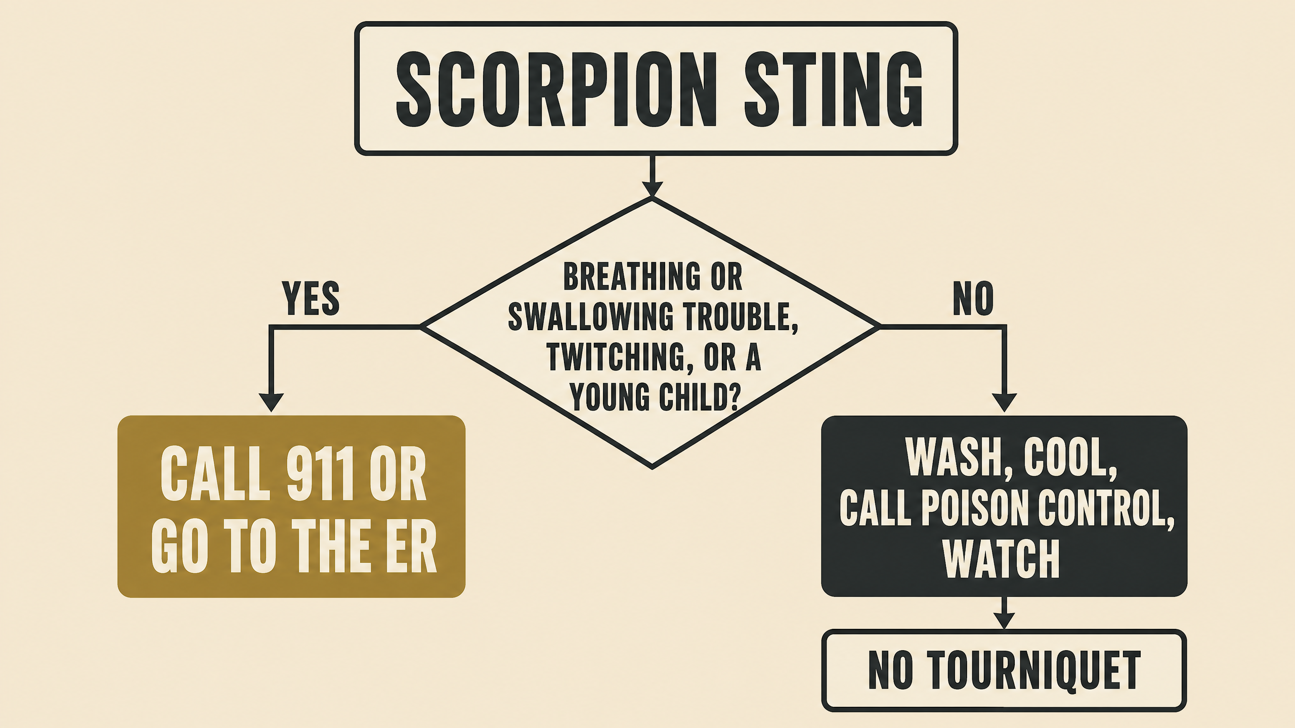 Flowchart: breathing trouble, twitching, young child, or older adult goes to 911 or the ER; otherwise wash, cool, call Poison Control, and watch