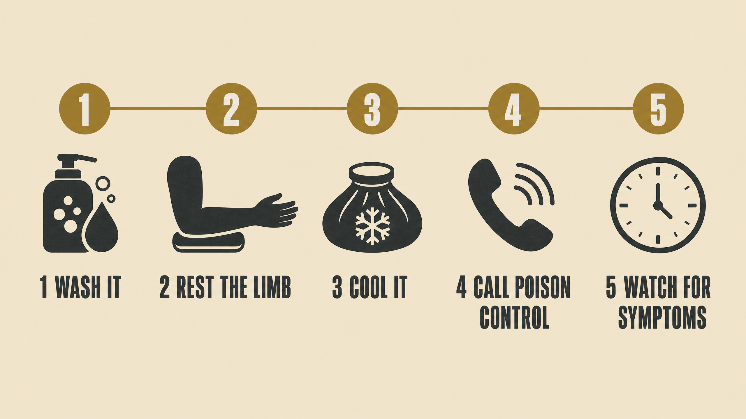 Step by step illustration of scorpion sting first aid: wash, rest the limb, cool it, call Poison Control, watch for symptoms