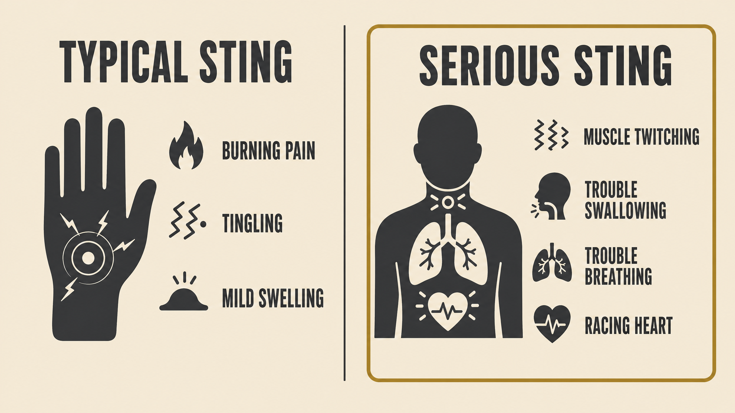 Two panel illustration comparing a typical scorpion sting with local pain against a serious sting with whole-body symptoms
