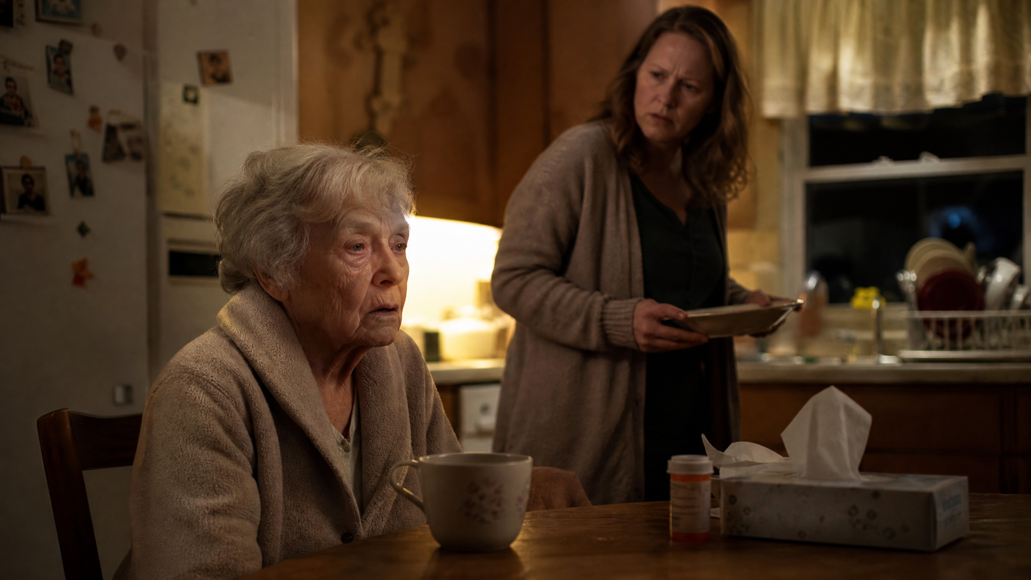 A worried adult daughter notices her elderly mother looking confused and unwell at the kitchen table in the evening