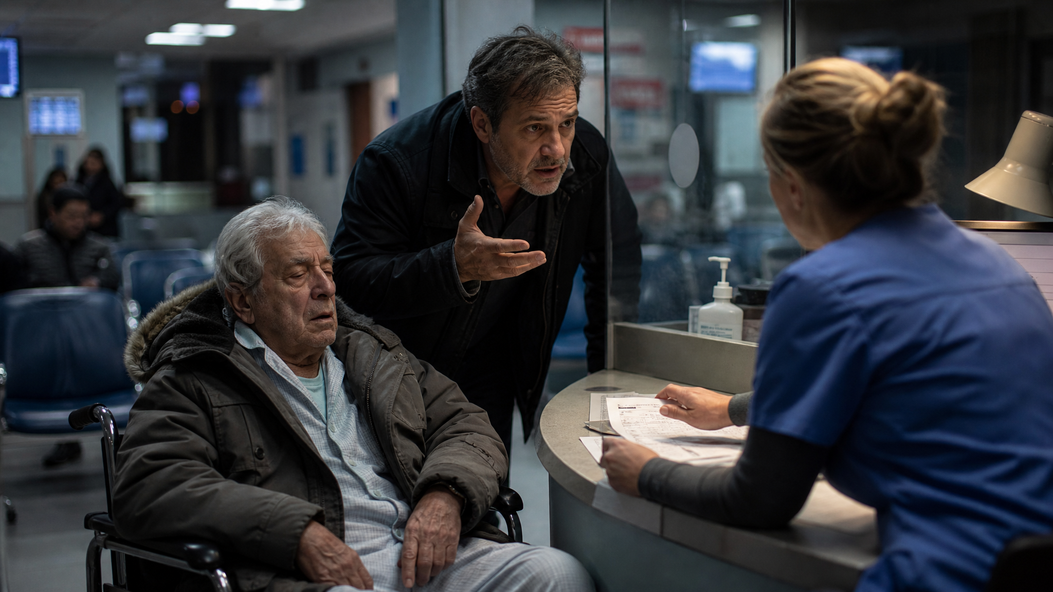 A middle-aged man speaks urgently with a triage nurse at an emergency room desk at night while his elderly father sits in a wheelchair