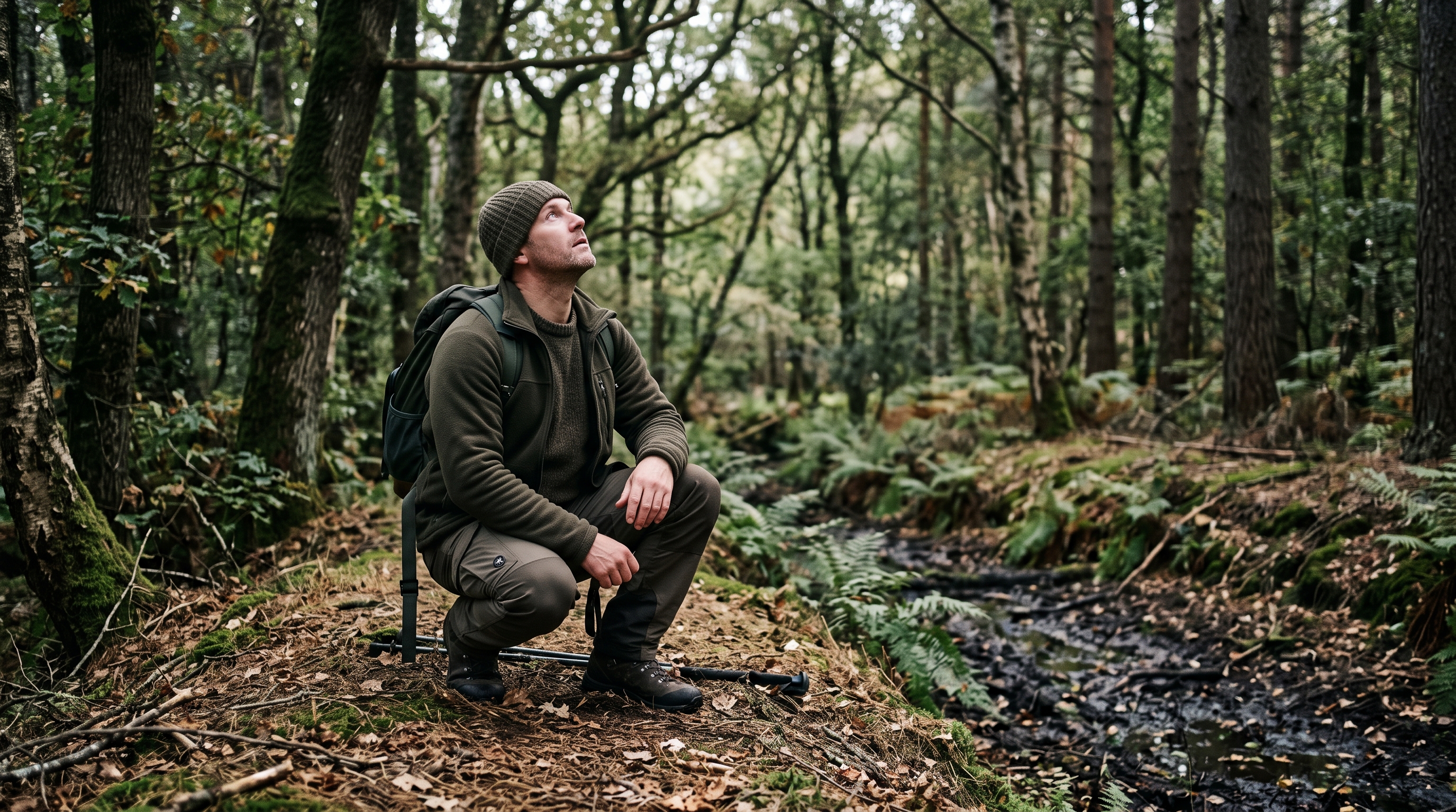 Man crouched on elevated dry ground scanning the tree canopy overhead before choosing a shelter site