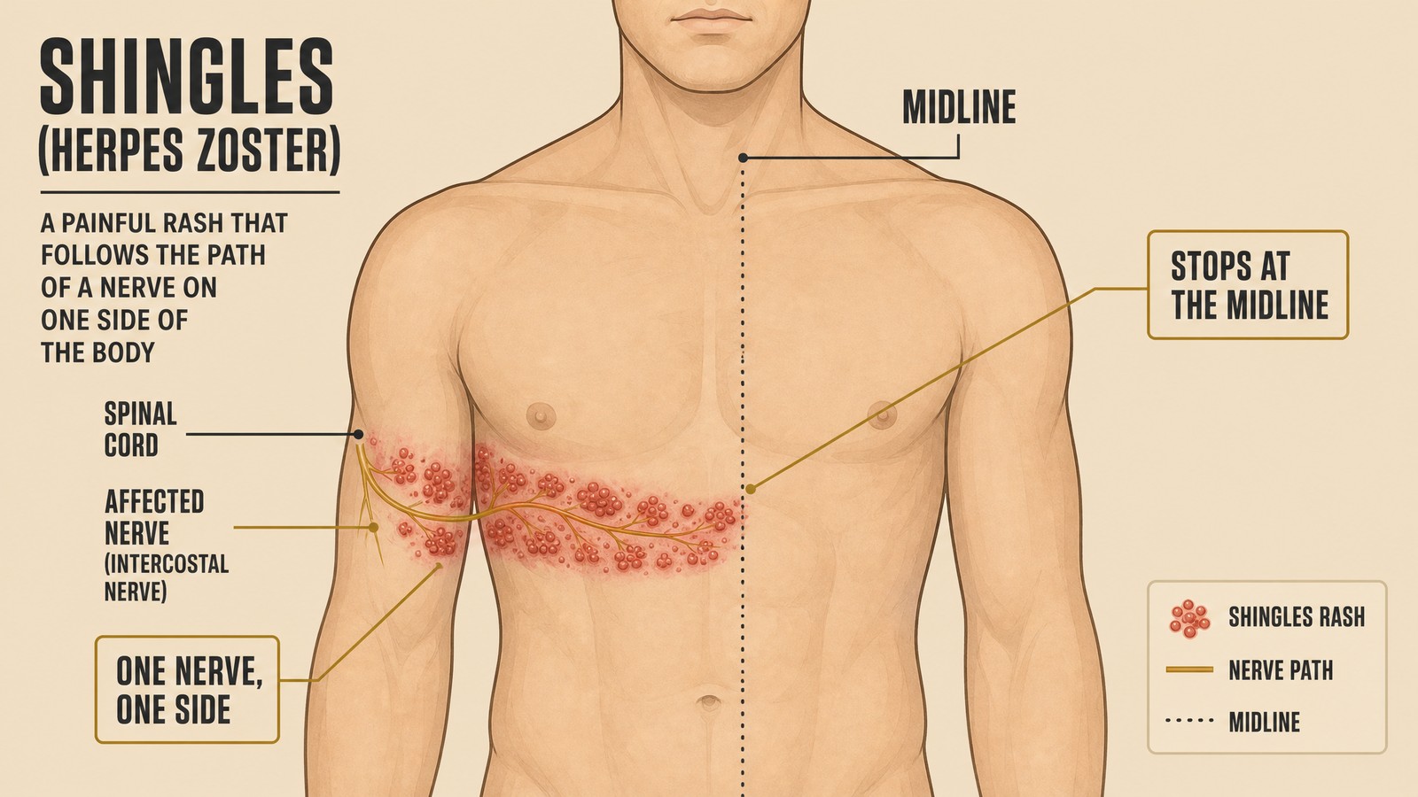 Medical illustration of a torso showing a single band of shingles blisters following one nerve path around one side, stopping at the midline of the body
